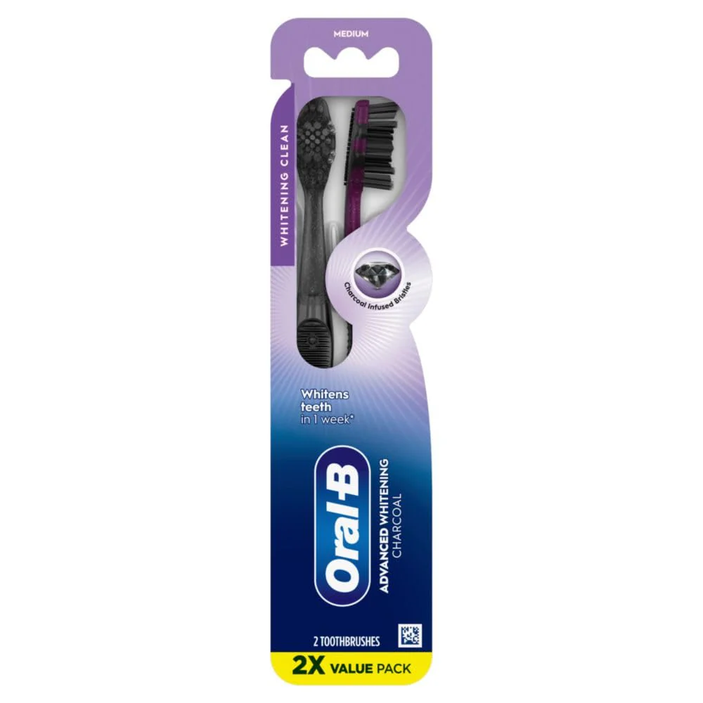 Oral-B 3D White Charcoal Toothbrush, 2 Count Medium Manual tootbrush Pack, Whitens Teeth, removes Plaque and Stains, Tongue Scraper Tooth Brush - Image 6