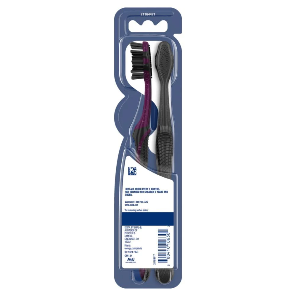 Oral-B 3D White Charcoal Toothbrush, 2 Count Medium Manual tootbrush Pack, Whitens Teeth, removes Plaque and Stains, Tongue Scraper Tooth Brush - Image 7