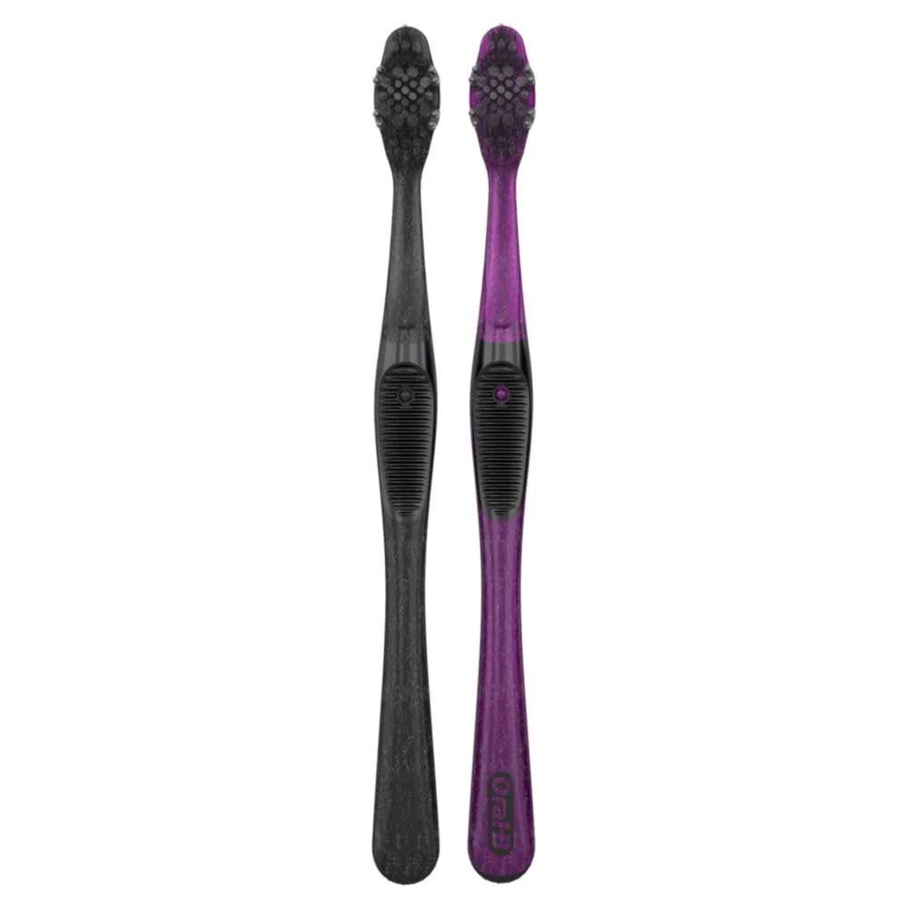 Oral-B 3D White Charcoal Toothbrush, 2 Count Medium Manual tootbrush Pack, Whitens Teeth, removes Plaque and Stains, Tongue Scraper Tooth Brush - Image 8