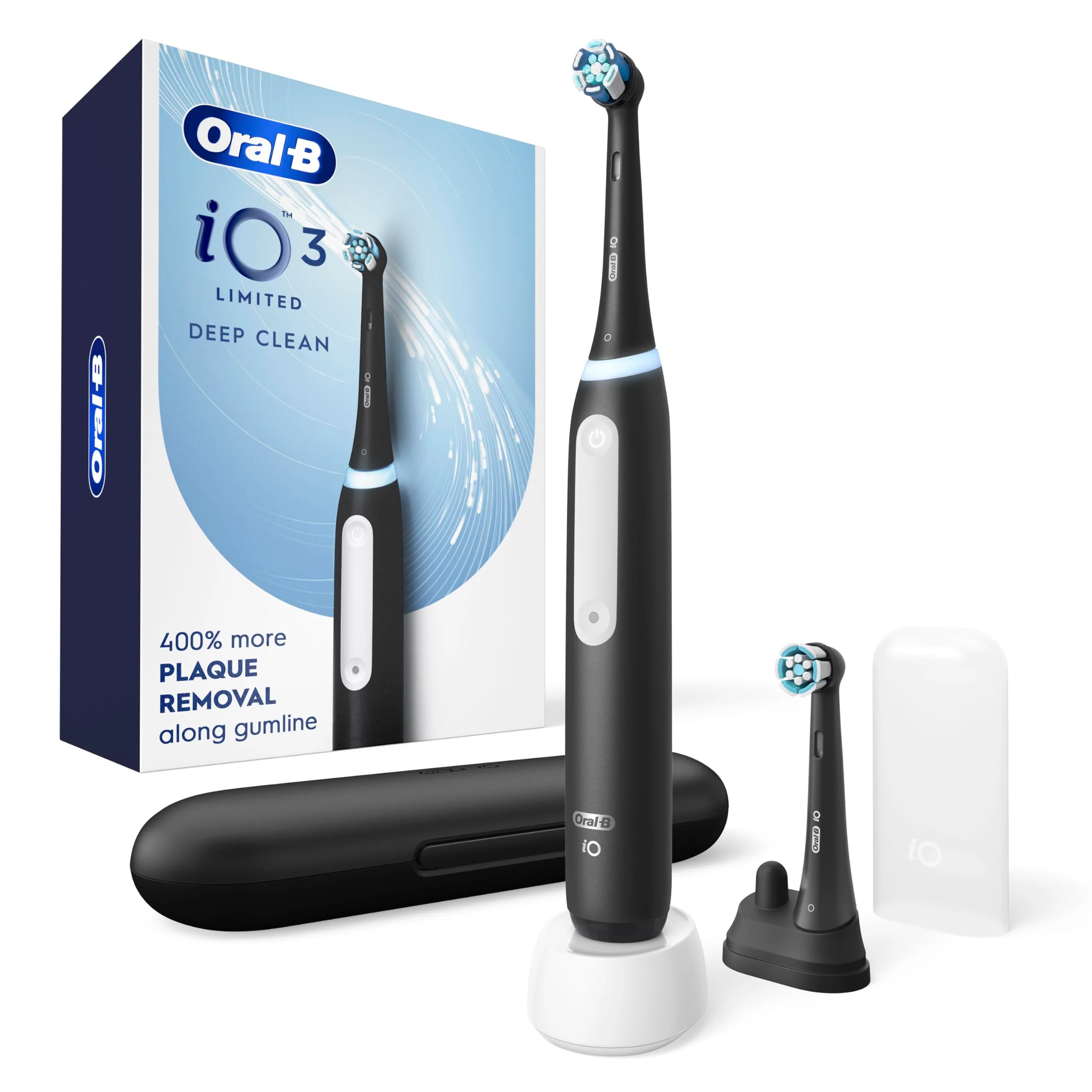 Oral-B Rechargeable Electric Toothbrush, iO3 Limited Deep Clean, 3 Cleaning Modes, Visual Pressure Sensor to Protect Gums, 2 Brush Heads, Travel Case, Black - Image 2