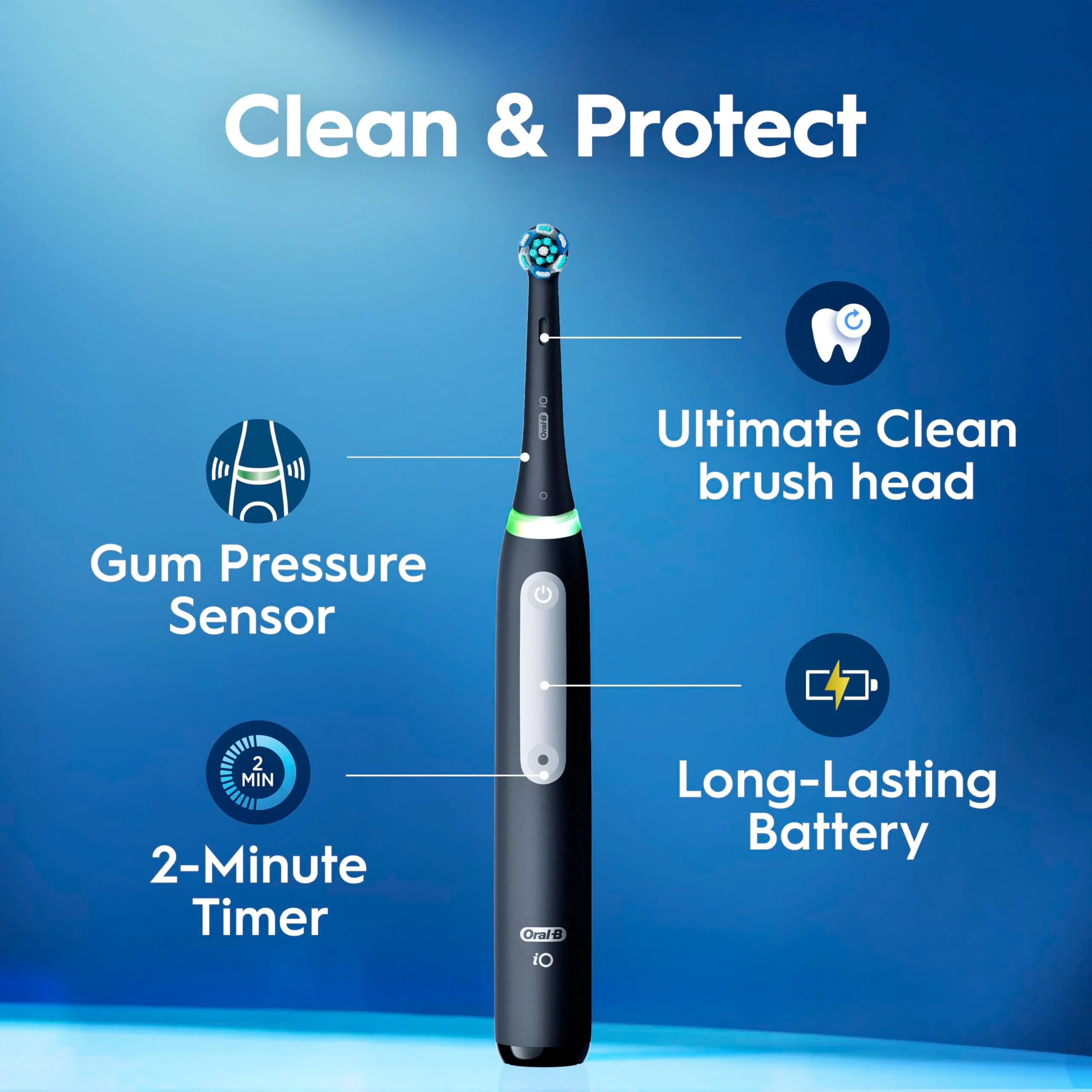 Oral-B Rechargeable Electric Toothbrush, iO3 Limited Deep Clean, 3 Cleaning Modes, Visual Pressure Sensor to Protect Gums, 2 Brush Heads, Travel Case, Black - Image 3