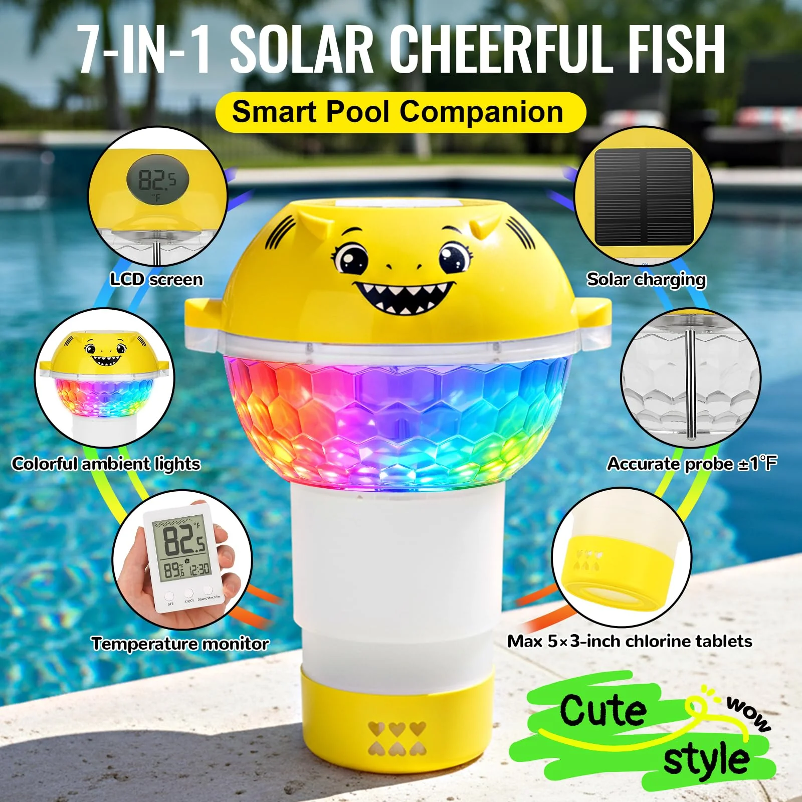 ORAPXI Solar Pool Chlorine Floater with Remote Temperature Monitor & LED Lights - Floating Chlorine Tablet Dispenser for Pool, Hot Tub and Spa - Image 7