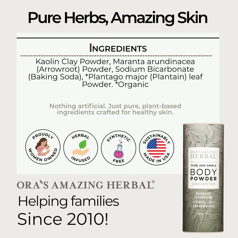 Ora's Amazing Herbal Fragrance Free Body Powder for Women and Men, Unscented Talc Free Talcum Powder, Cornstarch Free Dusting, Waxing, Natural Sugaring, Foot Powder, Dry Shampoo, Made in USA, 2.5 oz - Image 5