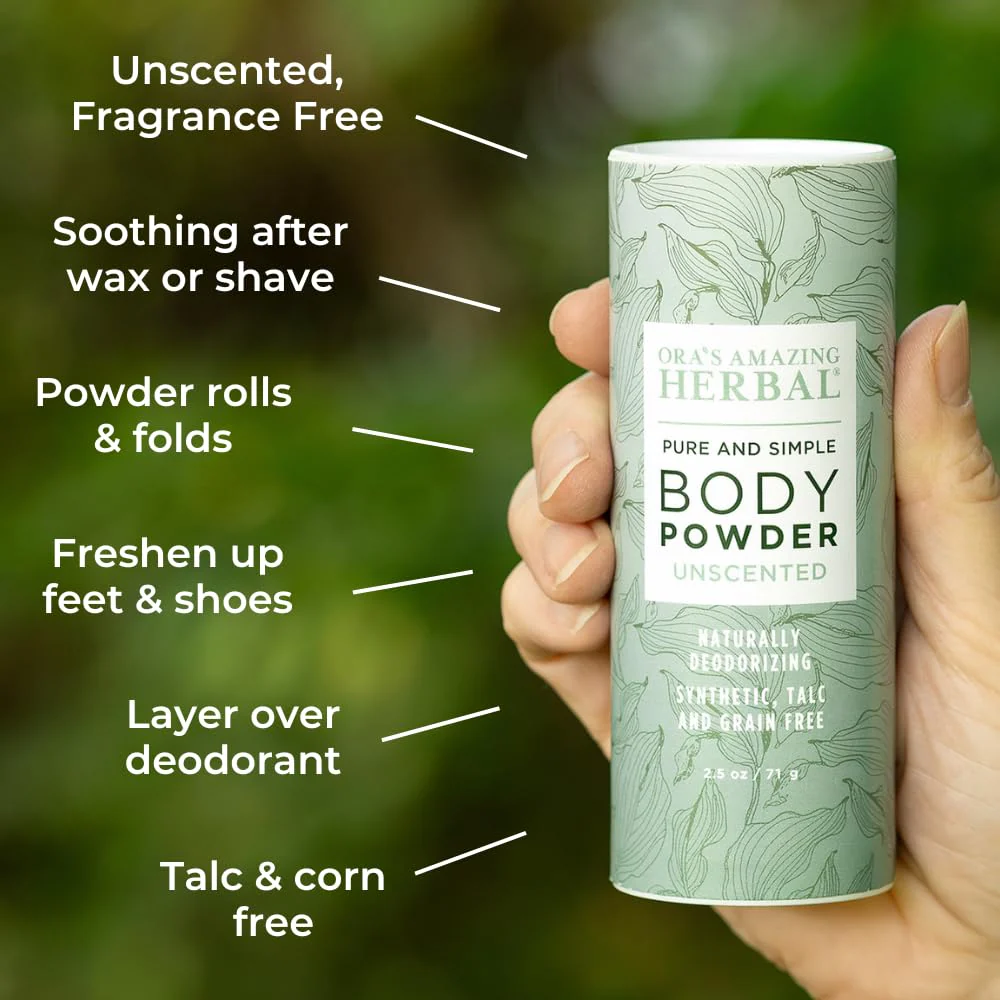 Ora's Amazing Herbal Fragrance Free Body Powder for Women and Men, Unscented Talc Free Talcum Powder, Cornstarch Free Dusting, Waxing, Natural Sugaring, Foot Powder, Dry Shampoo, Made in USA, 2.5 oz - Image 8