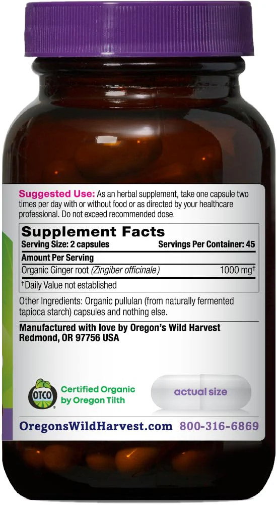 Oregon's Wild Harvest, Certified Organic Ginger Capsules for Stomach Support, Non-GMO, 1000 MGS, 90 Count - Image 6