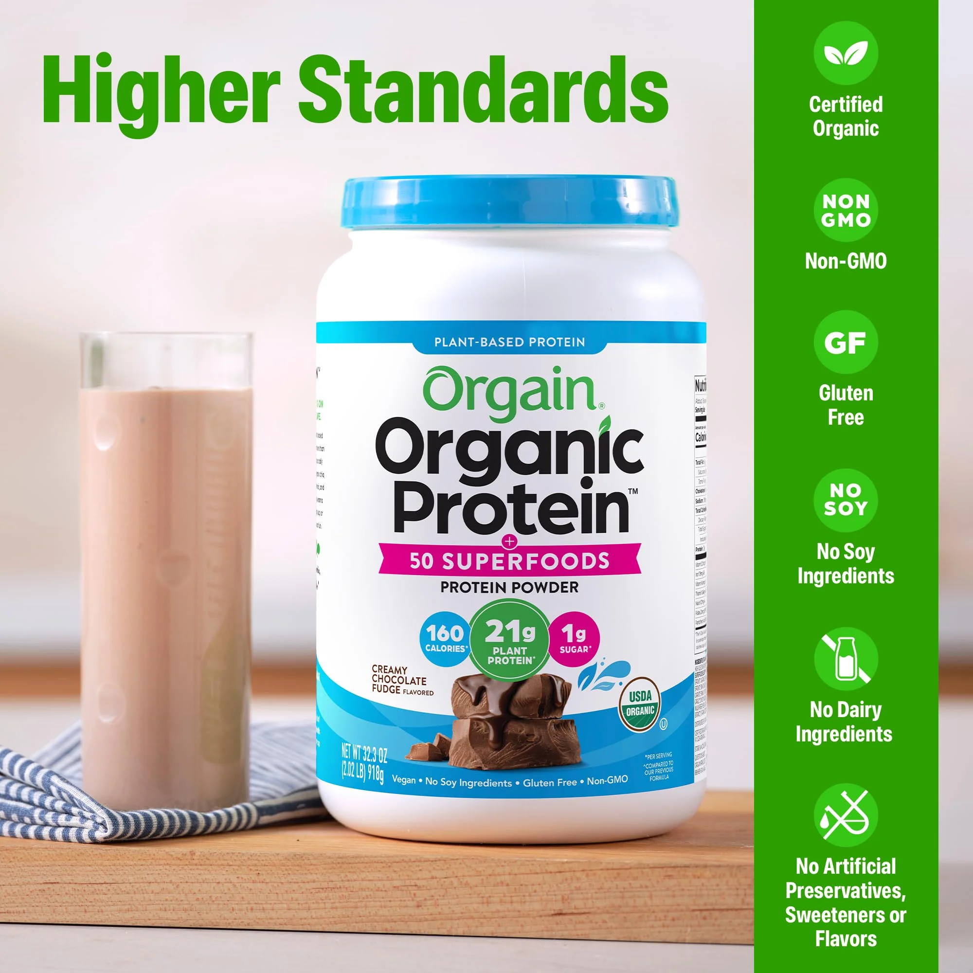 Orgain Organic Vegan Protein + 50 Superfoods Powder, Creamy Chocolate Fudge - 21g Plant Based Protein, 9g Prebiotic Fiber, No Lactose, Gluten Free, No Added Sugar, 2.02 lb (Packaging May Vary) - Image 3