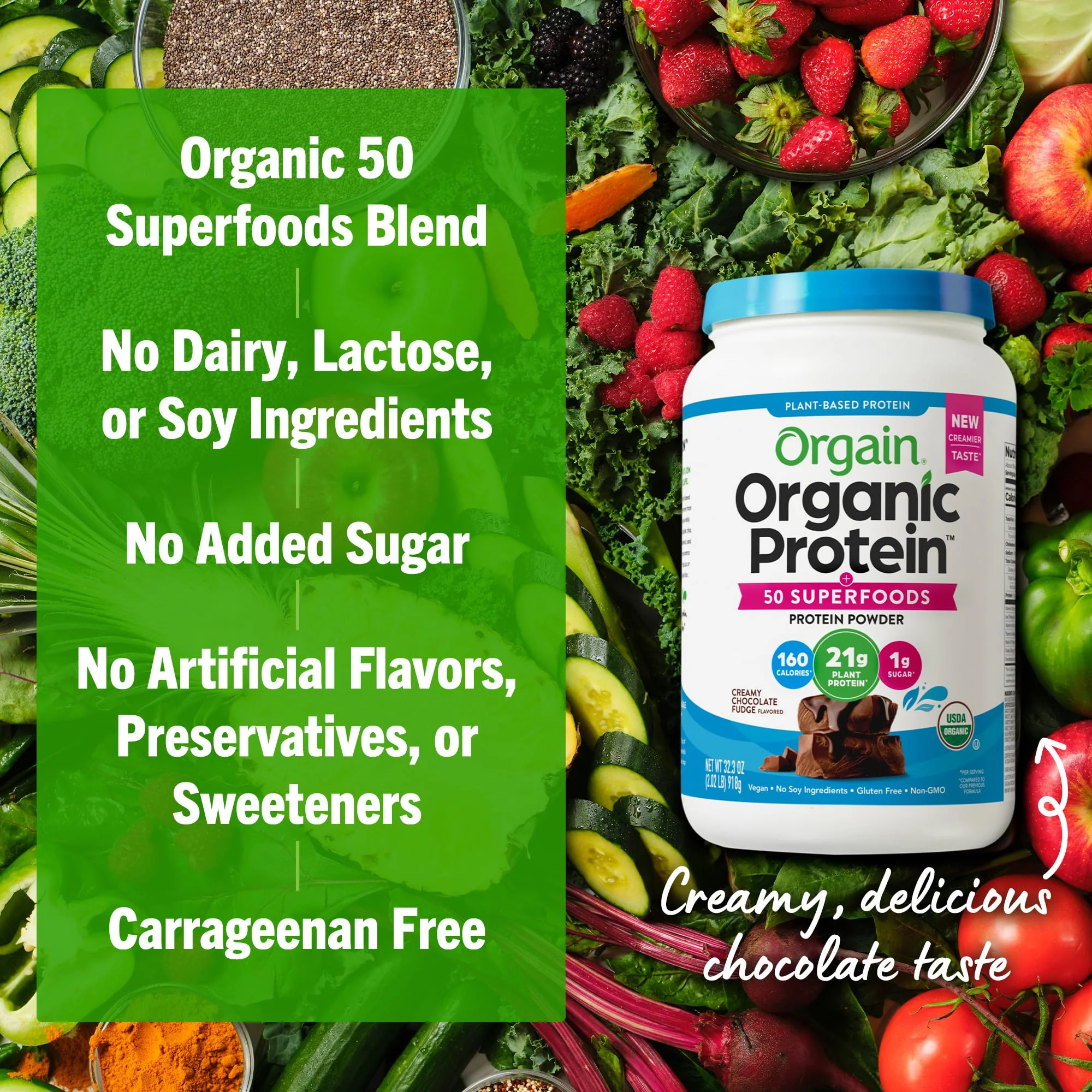 Orgain Organic Vegan Protein + 50 Superfoods Powder, Creamy Chocolate Fudge - 21g Plant Based Protein, 9g Prebiotic Fiber, No Lactose, Gluten Free, No Added Sugar, 2.02 lb (Packaging May Vary) - Image 5