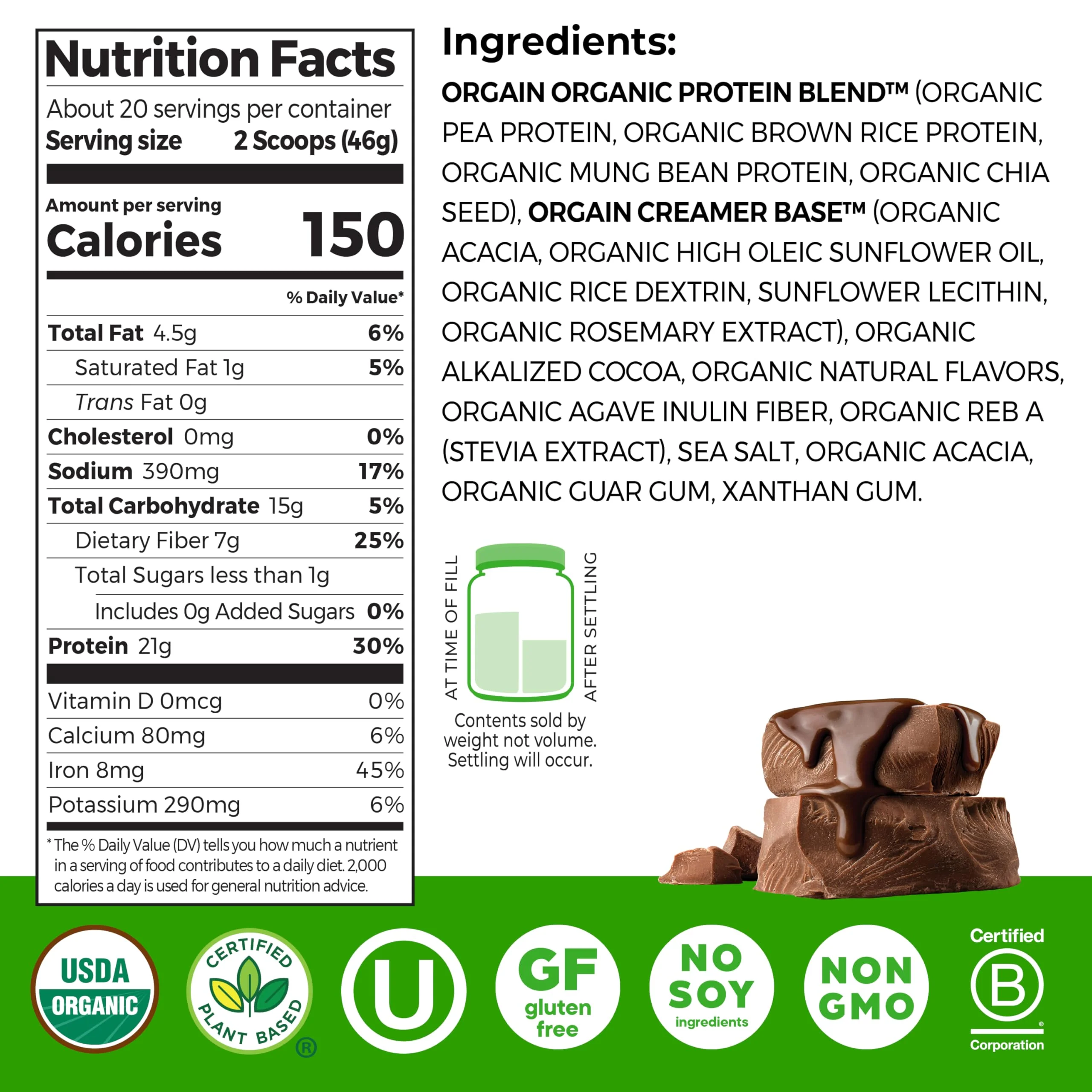 Orgain Organic Vegan Protein Powder, Creamy Chocolate Fudge - 21g Plant Protein, 6g Prebiotic Fiber, Low Net Carb, No Lactose Ingredients, No Added Sugar, Non-GMO, For Shakes & Smoothies, 2.03 lb - Image 2