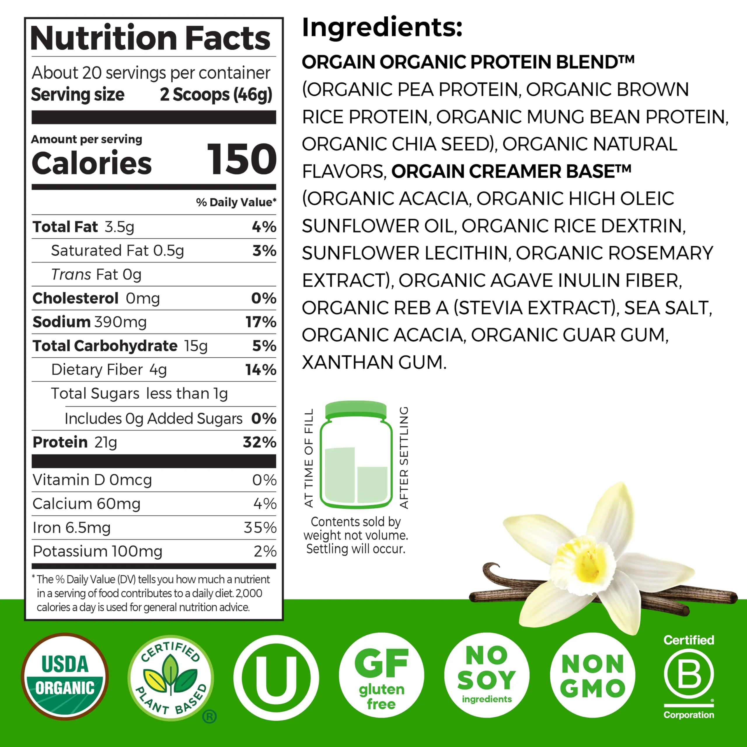 Orgain Organic Vegan Protein Powder, Vanilla Bean - 21g Plant Protein, 6g Prebiotic Fiber, No Lactose Ingredients, No Added Sugar, Non-GMO, For Shakes & Smoothies, 2.03 lb (Packaging May Vary) - Image 2