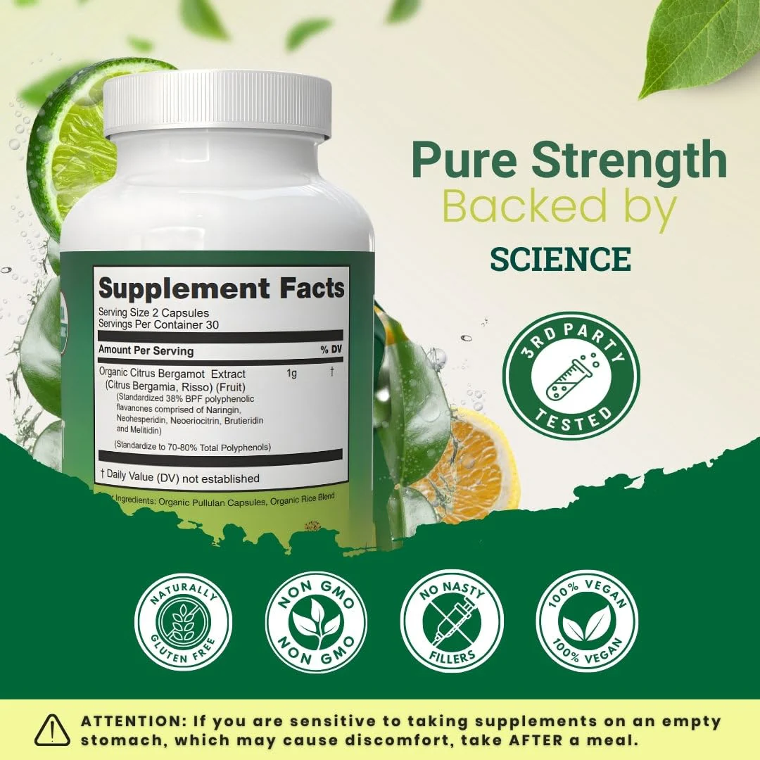 Organic Citrus Bergamot Supplement - Only USDA Organic, 50% Polyphenols - Cholesterol - Heart - Lipids- 3rd Party Tested - USA Made Supplement Vegan Capsules - Enhances Overall Wellness