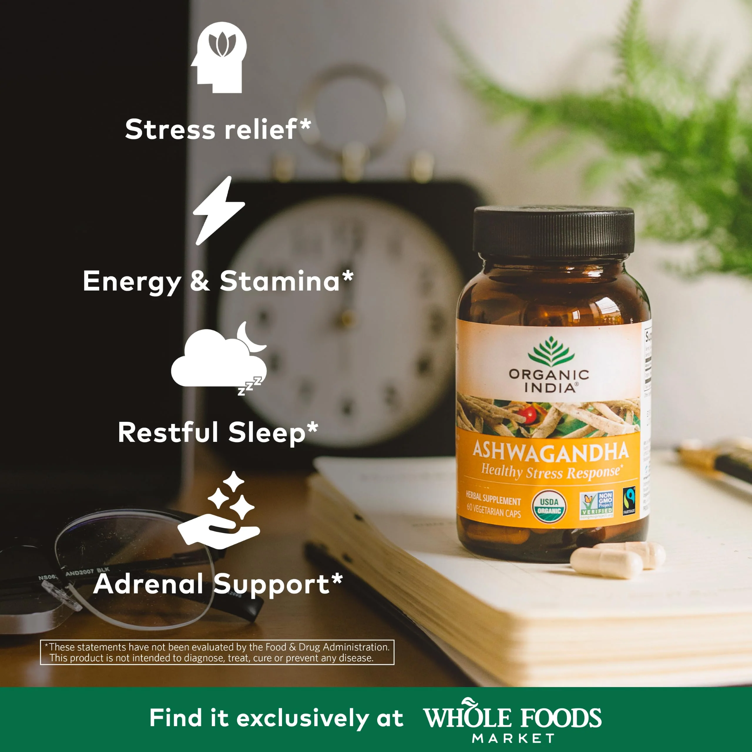 ORGANIC INDIA Ashwagandha Capsules - Organic Ashwagandha Supplement - Vegan Ashwagandha Root, Gluten-Free, Kosher, Non-GMO, Supports Stress Relief, Energy, and Sleep - 60 Capsules - Image 2