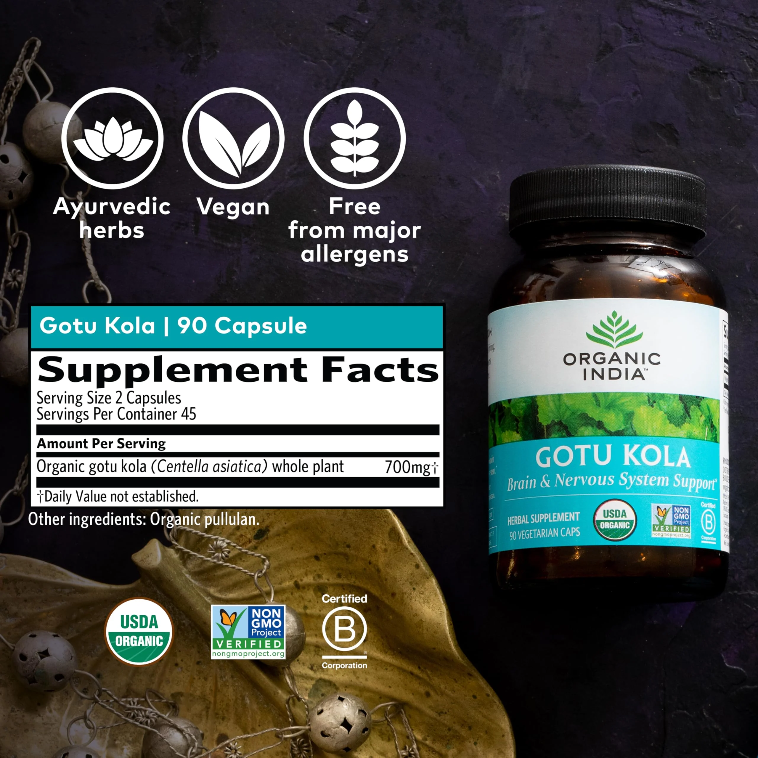 ORGANIC INDIA Gotu Kola Herbal Supplement - Adaptogen for Brain & Nervous System Support, Vegan, Gluten-Free, Kosher, USDA Certified Organic, Non-GMO, Calming, Mental Clarity - 90 Capsules - Image 2