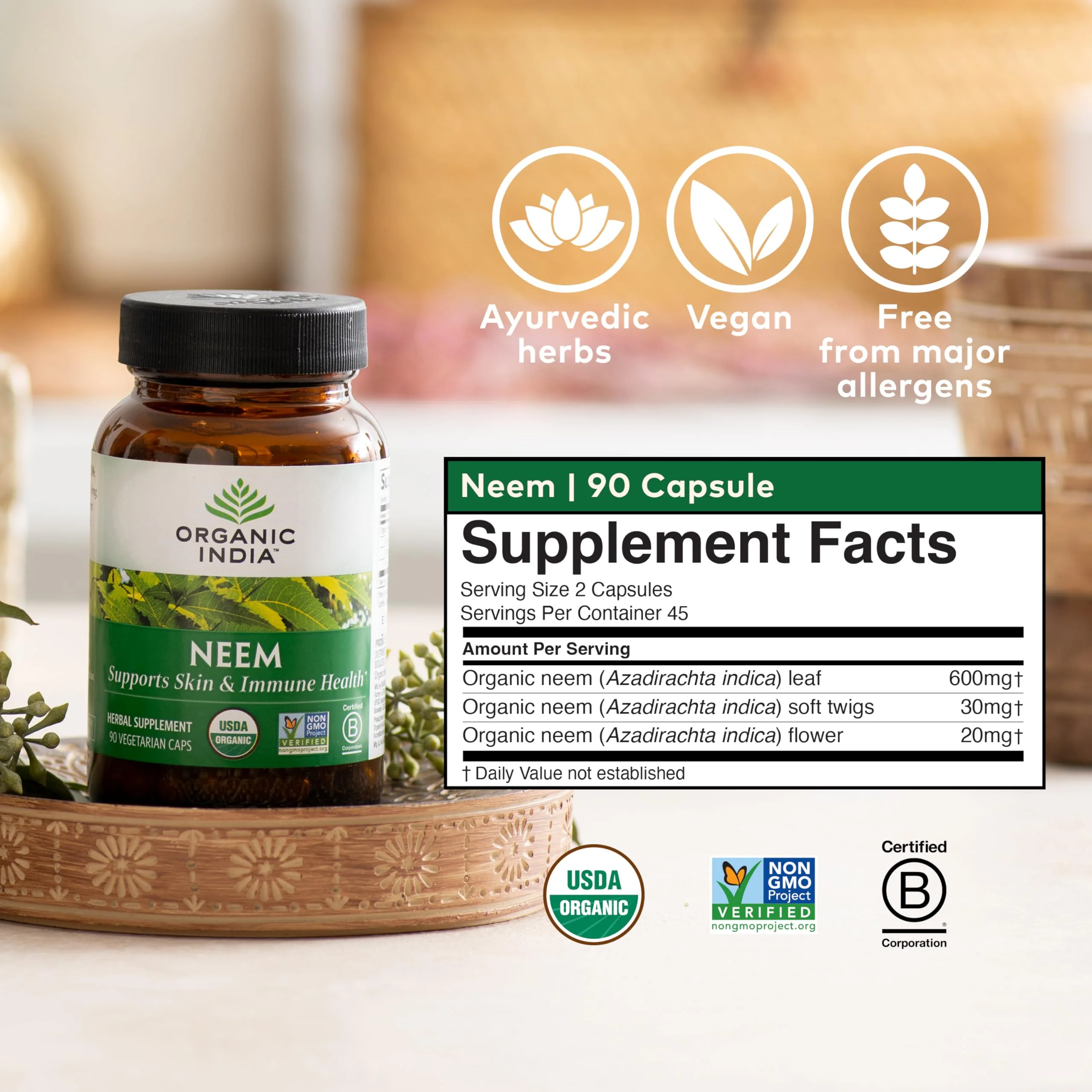 ORGANIC INDIA Neem Leaf Capsules - Herbal Supplement, Supports Skin & Immune Health, Vegan, Gluten Free, USDA Certified Organic - 90 Count - Image 2