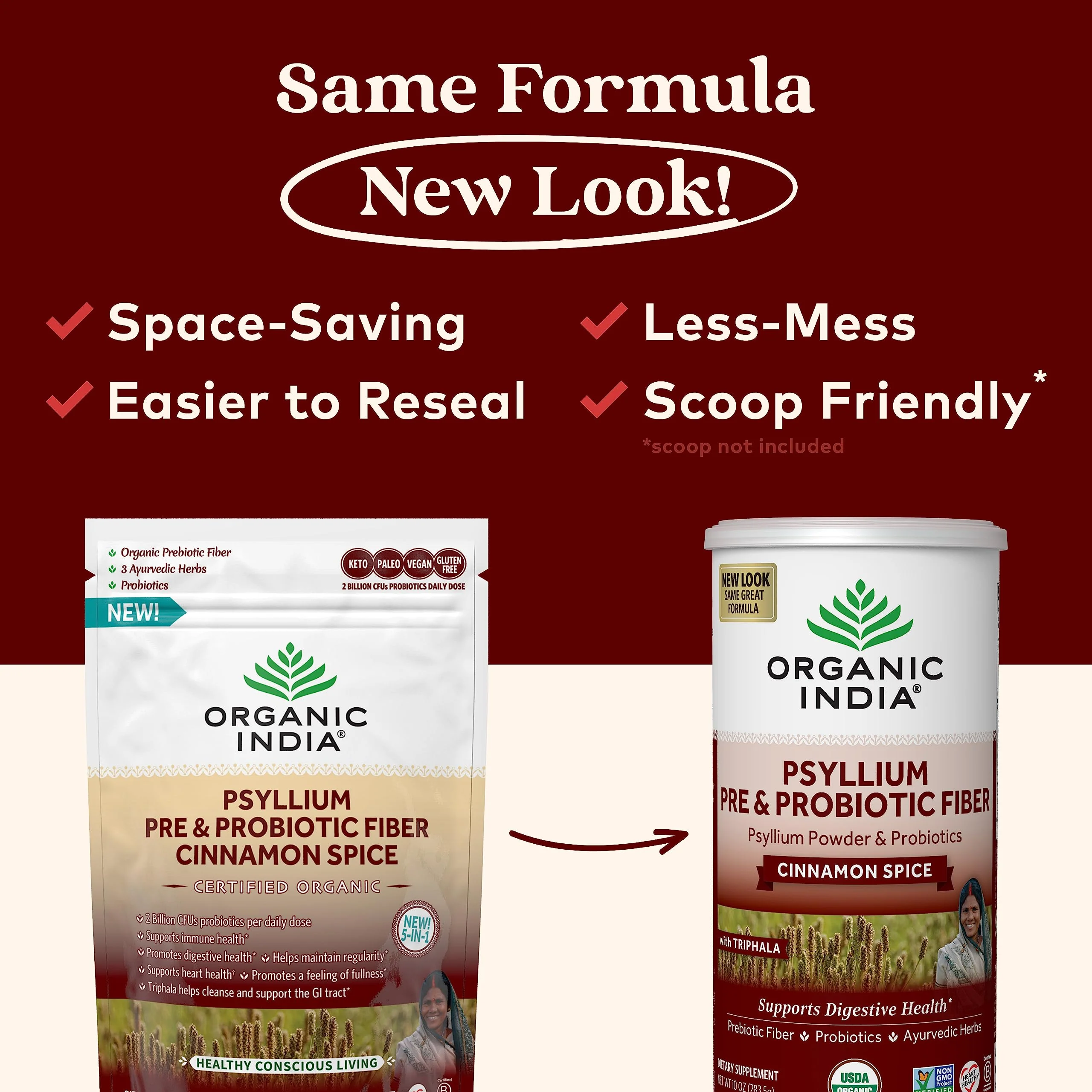 ORGANIC INDIA Psyllium Husk Powder - Pre & Probiotic Fiber Supplement, Organic Psyllium Husk Fiber Supplement with Whole Psyllium Husk, USDA Certified Organic, Vegan, Gluten Free - Cinnamon, 10 Oz - Image 6