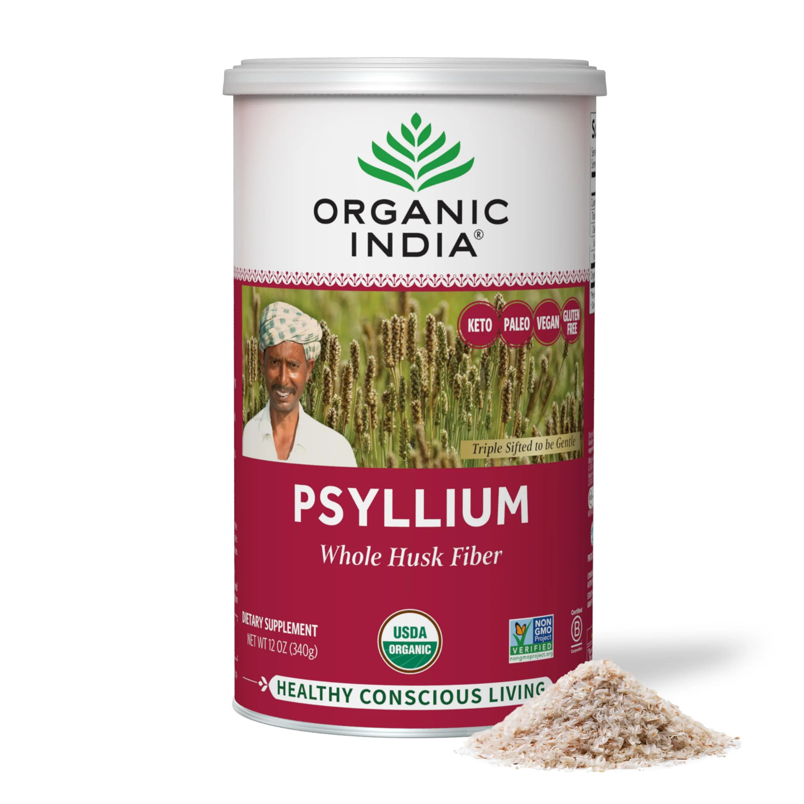 ORGANIC INDIA Whole Psyllium Husk Powder Organic - Psyllium Husk Fiber Supplement, Digestion Support, Vegan, Gluten-Free, Non-GMO, Soluble & Insoluble Fiber Source - 12 oz (Pack of 2) - Image 2