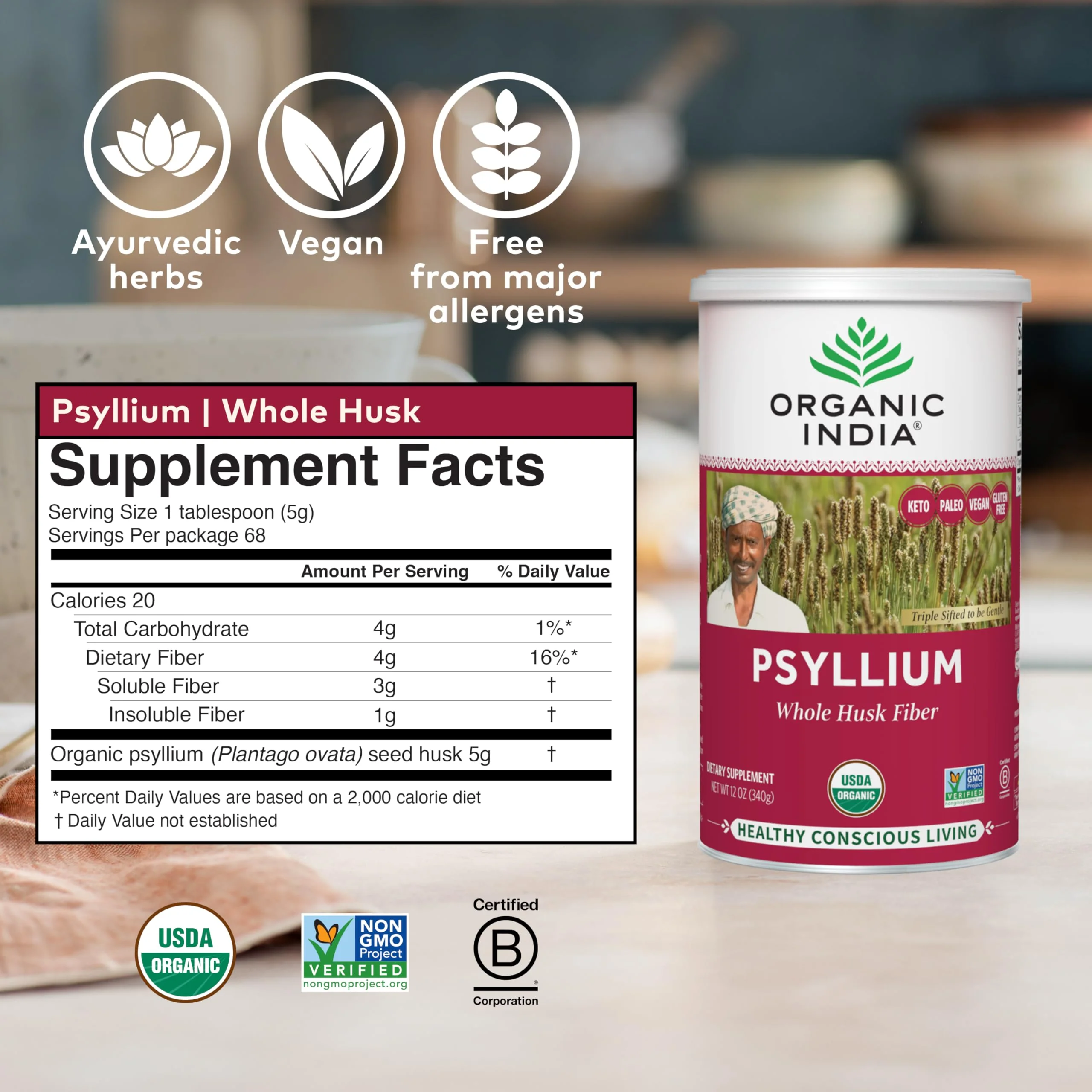ORGANIC INDIA Whole Psyllium Husk Powder Organic - Psyllium Husk Fiber Supplement, Digestion Support, Vegan, Gluten-Free, Non-GMO, Soluble & Insoluble Fiber Source - 12 oz (Pack of 2) - Image 5