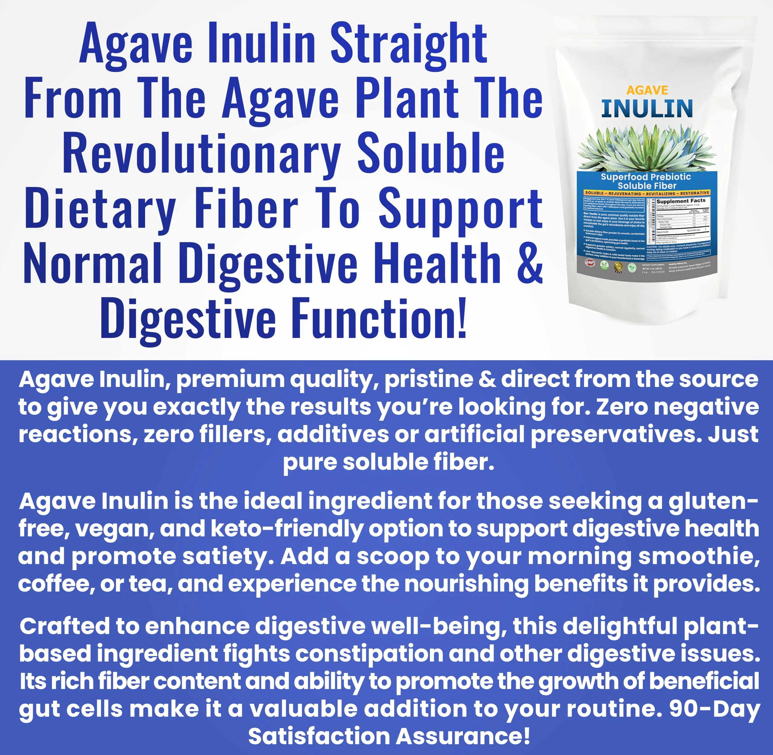 Organic Inulin Powder (48oz/3 lbs) Gentle Agave Prebiotic Soluble Fiber Supplement for Digestive Support, Gut Health, Vegan Baking, Smoothies & Drinks