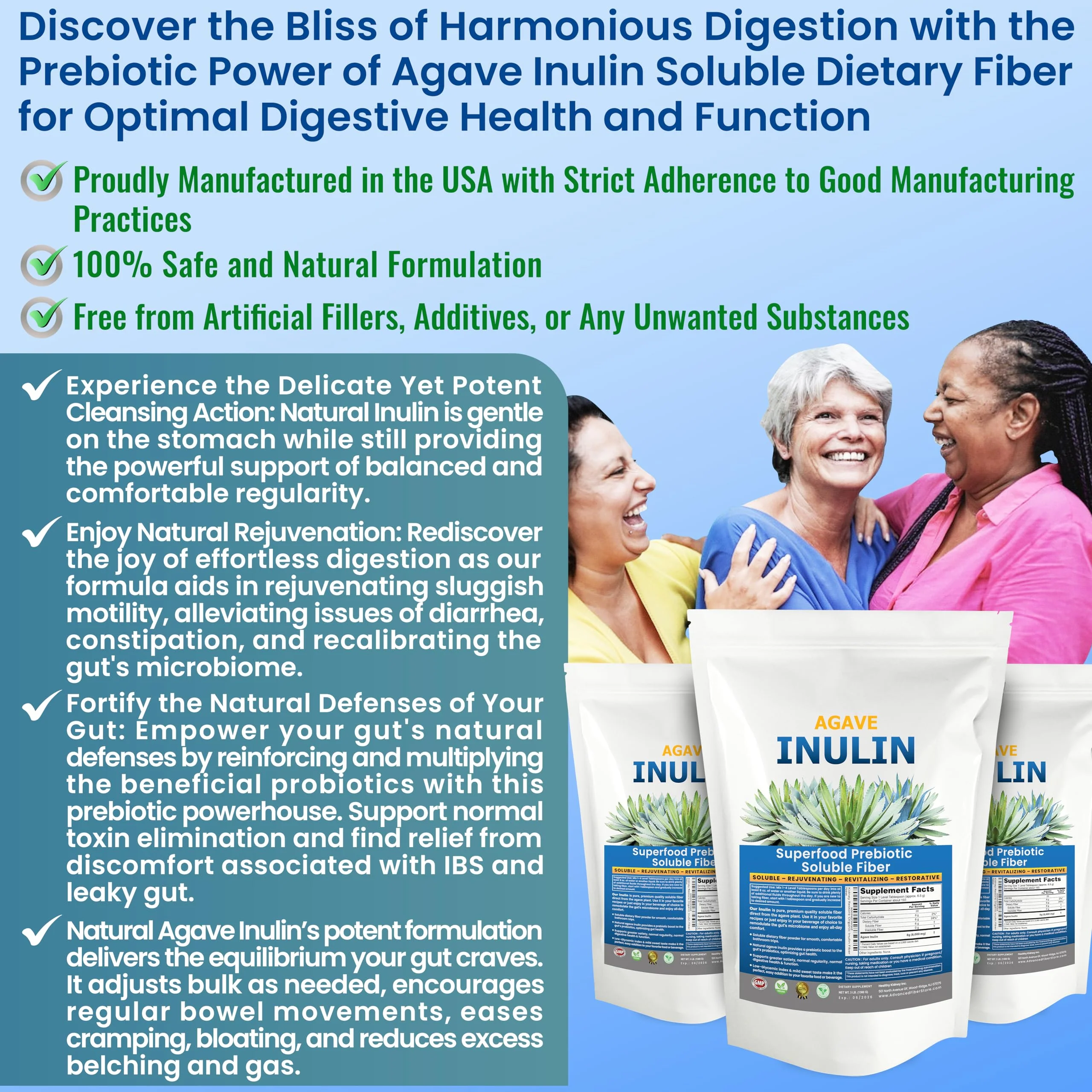 Organic Inulin Powder (48oz/3 lbs) Gentle Agave Prebiotic Soluble Fiber Supplement for Digestive Support, Gut Health, Vegan Baking, Smoothies & Drinks - Image 6