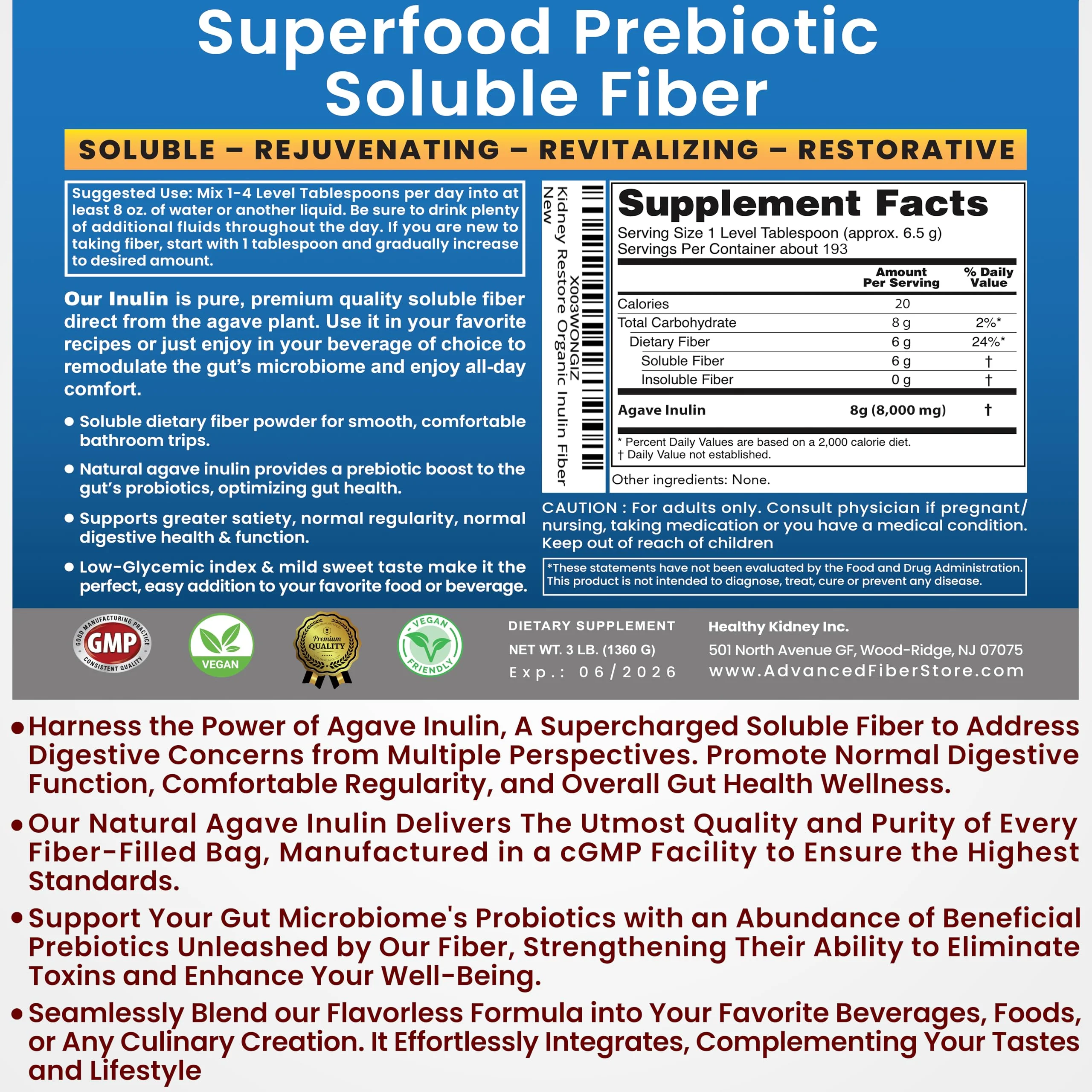 Organic Inulin Powder (48oz/3 lbs) Gentle Agave Prebiotic Soluble Fiber Supplement for Digestive Support, Gut Health, Vegan Baking, Smoothies & Drinks - Image 7