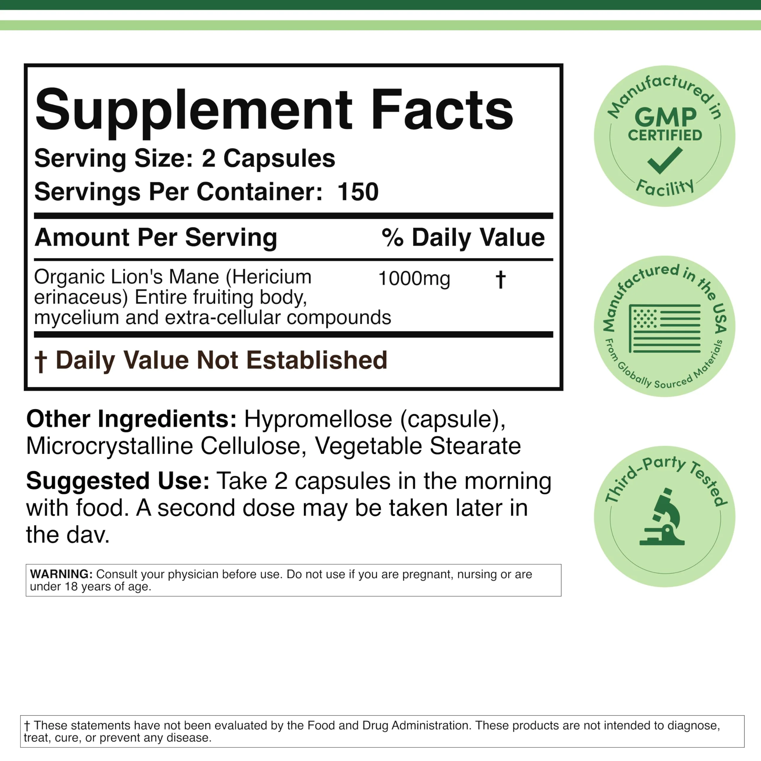 Organic Lions Mane Mushroom Capsules (300 Count), for Focus Support and Immune Health, Third Party Tested and Grown in The USA - by Double Wood - Image 2