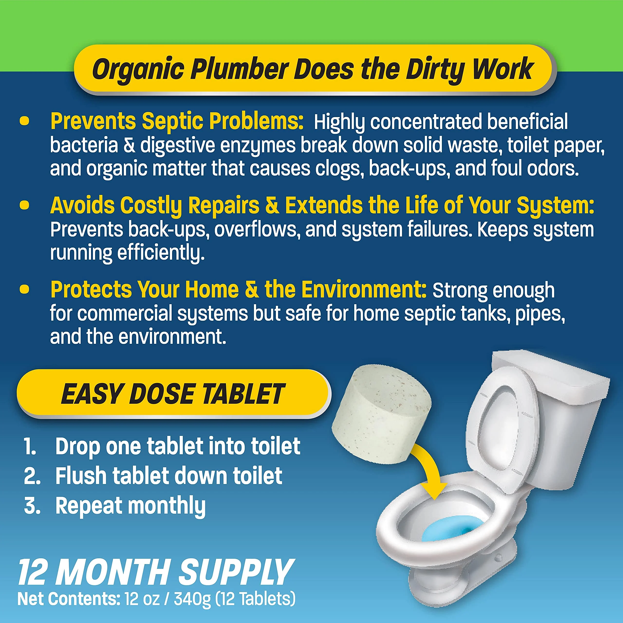 Organic Plumber Septic Tank Cleaner Treatment, Bacteria x Natural Enzyme Flushable Bio Tabs, Rid Sewage Waste & Clean Field System, 1 Year of Tablets - Image 7