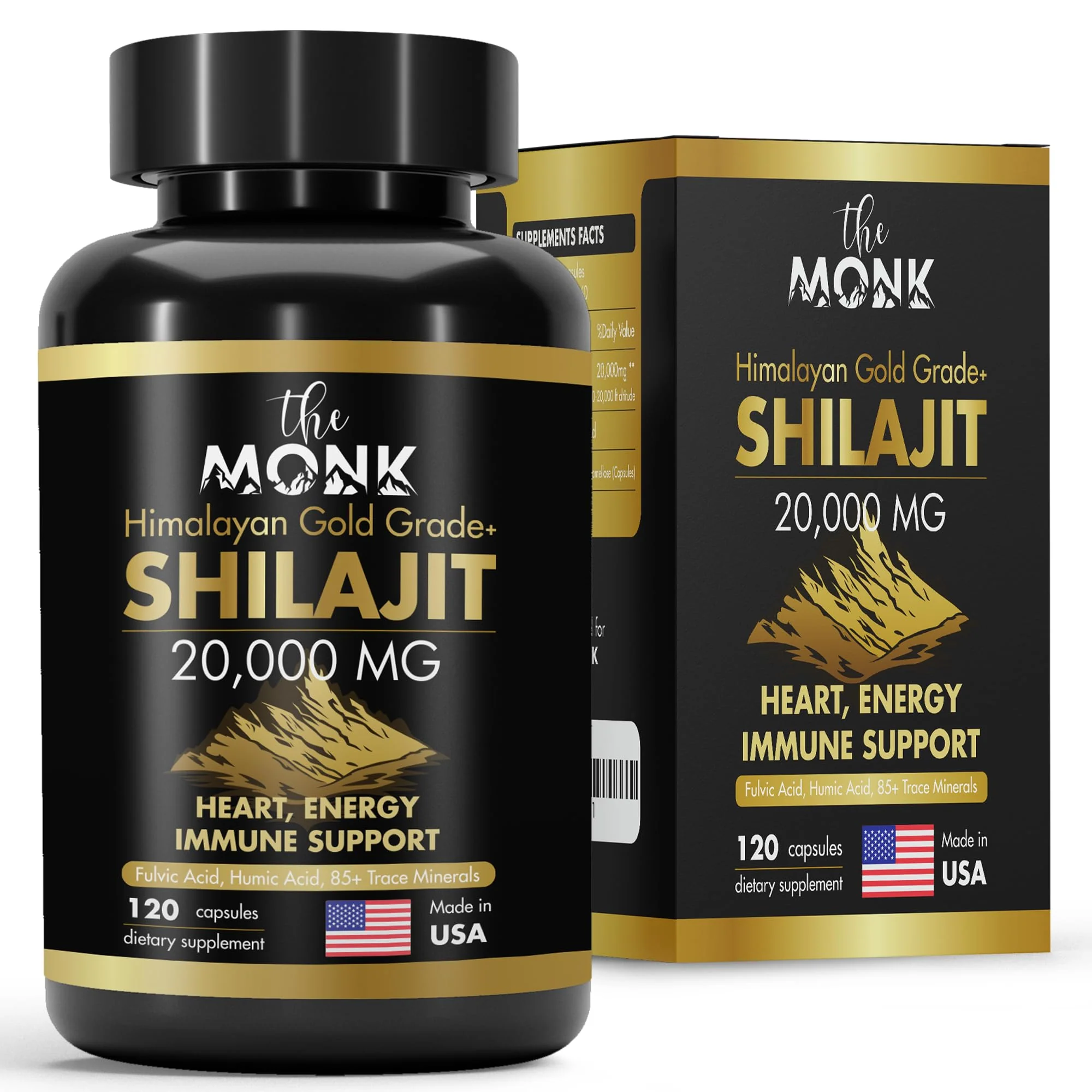 Organic Shilajit with Fulvic Acid, Humic Acid, 85+ Minerals- Gold Grade Plus - Same as Resin - Energy, Stamina, Brain Support - 120 Capsules - Made in The USA