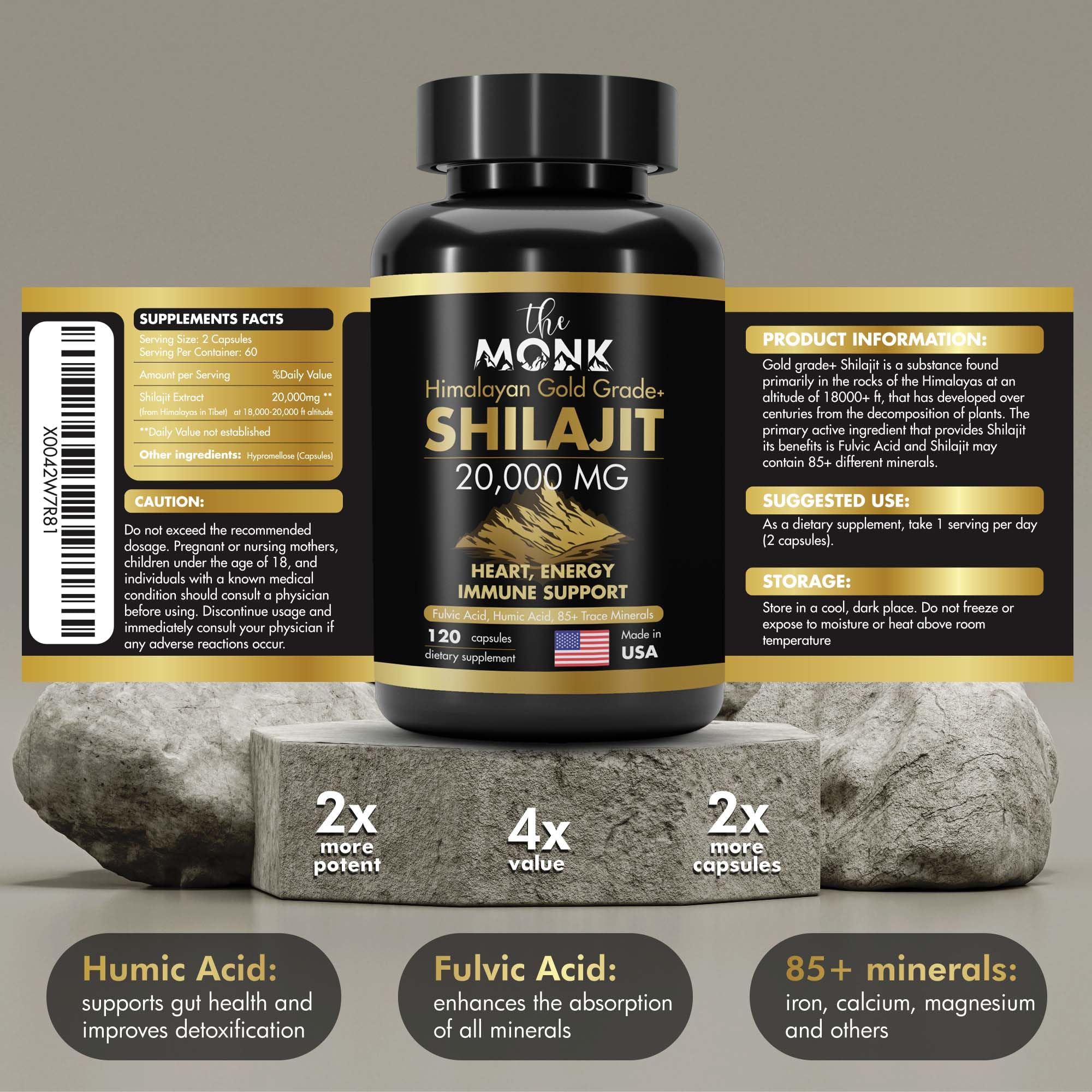Organic Shilajit with Fulvic Acid, Humic Acid, 85+ Minerals- Gold Grade Plus - Same as Resin - Energy, Stamina, Brain Support - 120 Capsules - Made in The USA - Image 4