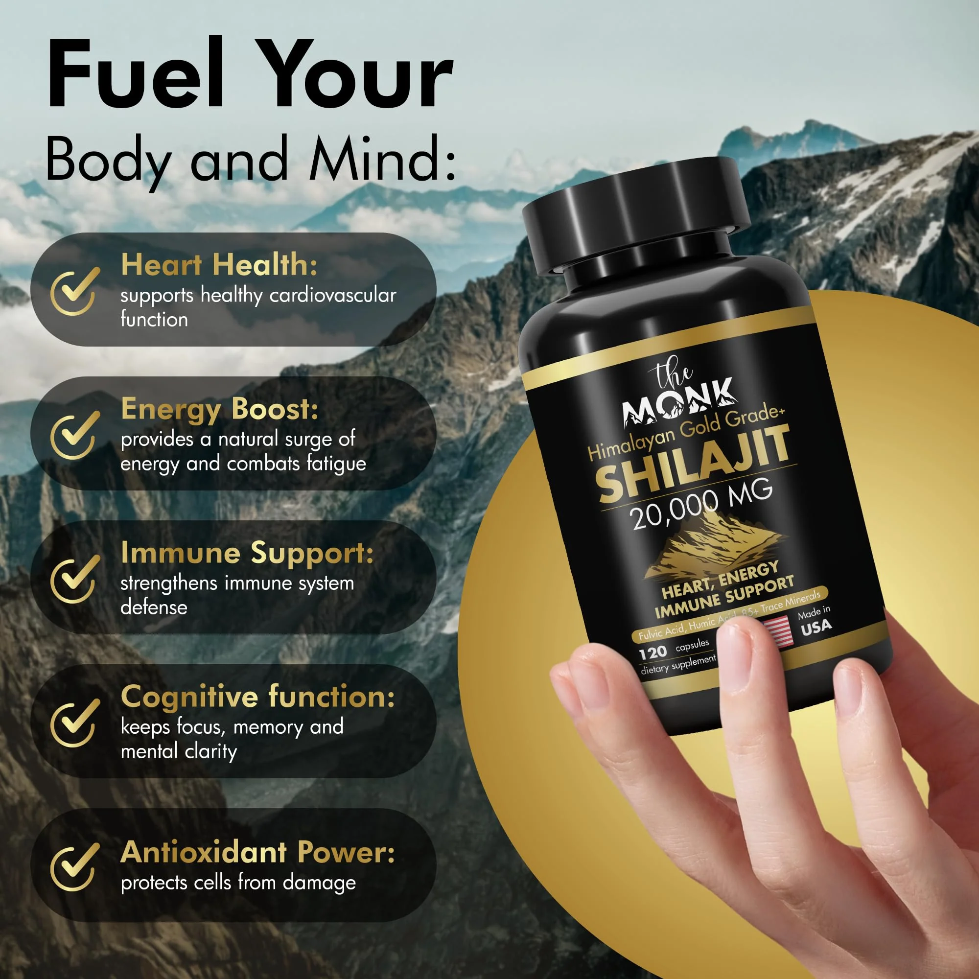 Organic Shilajit with Fulvic Acid, Humic Acid, 85+ Minerals- Gold Grade Plus - Same as Resin - Energy, Stamina, Brain Support - 120 Capsules - Made in The USA - Image 5