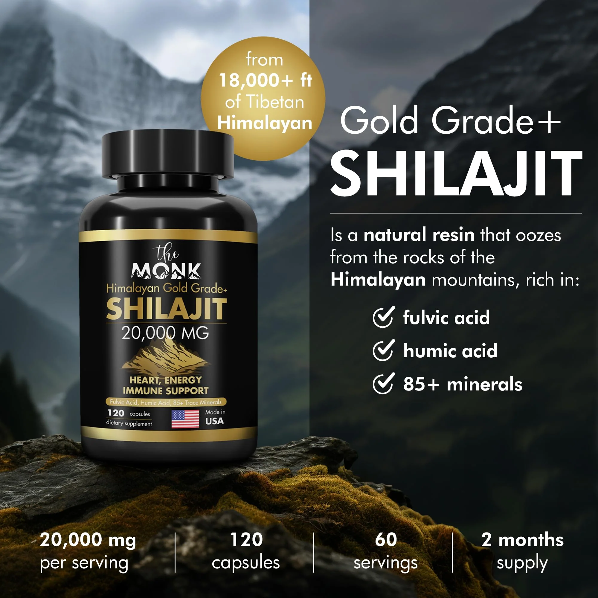 Organic Shilajit with Fulvic Acid, Humic Acid, 85+ Minerals- Gold Grade Plus - Same as Resin - Energy, Stamina, Brain Support - 120 Capsules - Made in The USA - Image 6