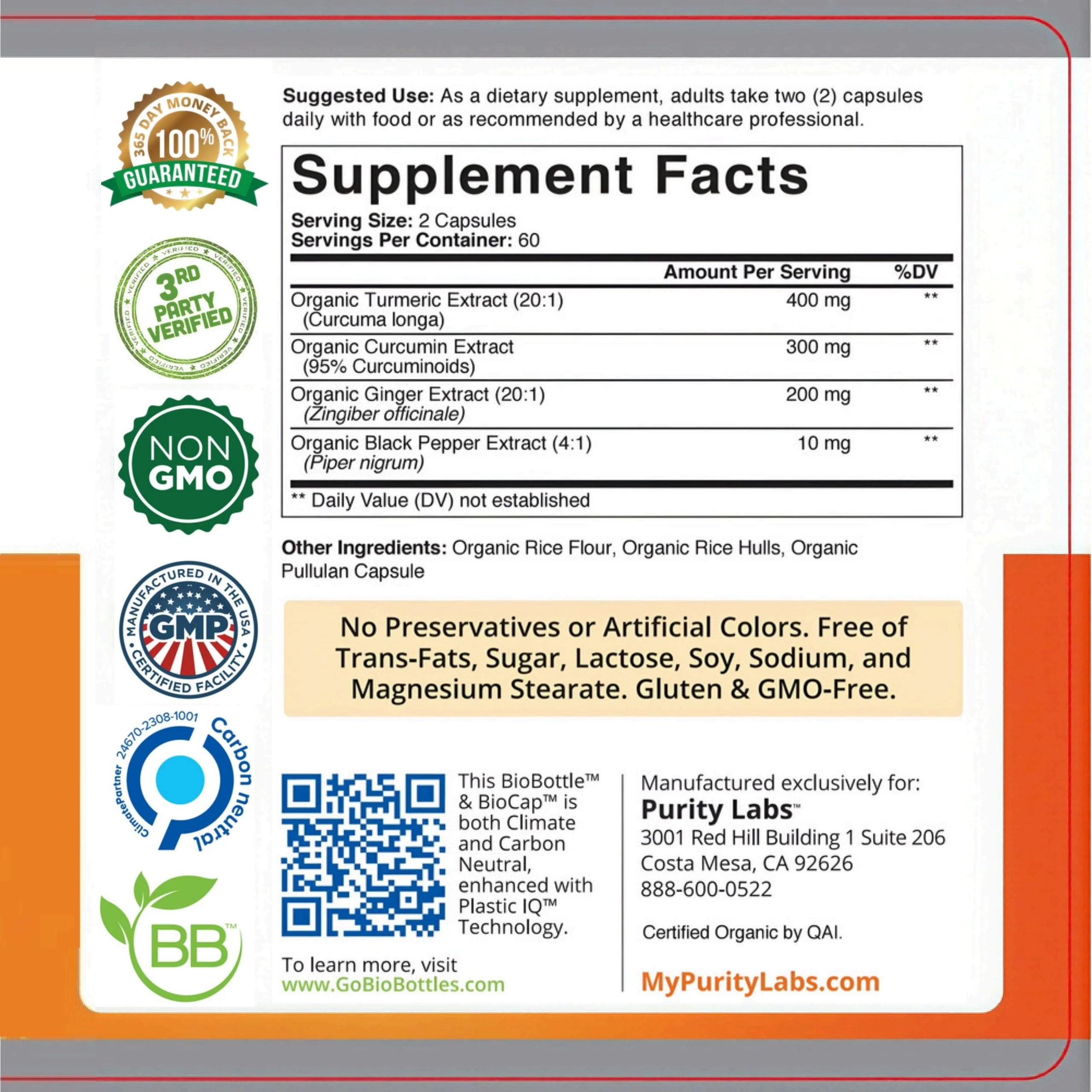 Organic Turmeric Curcumin Capsules with Black Pepper & Organic Ginger, 95% Curcuminoids, High Potency Turmeric Supplement for Joint Support & Inflammation, 120 Vegetarian Capsules - Image 2