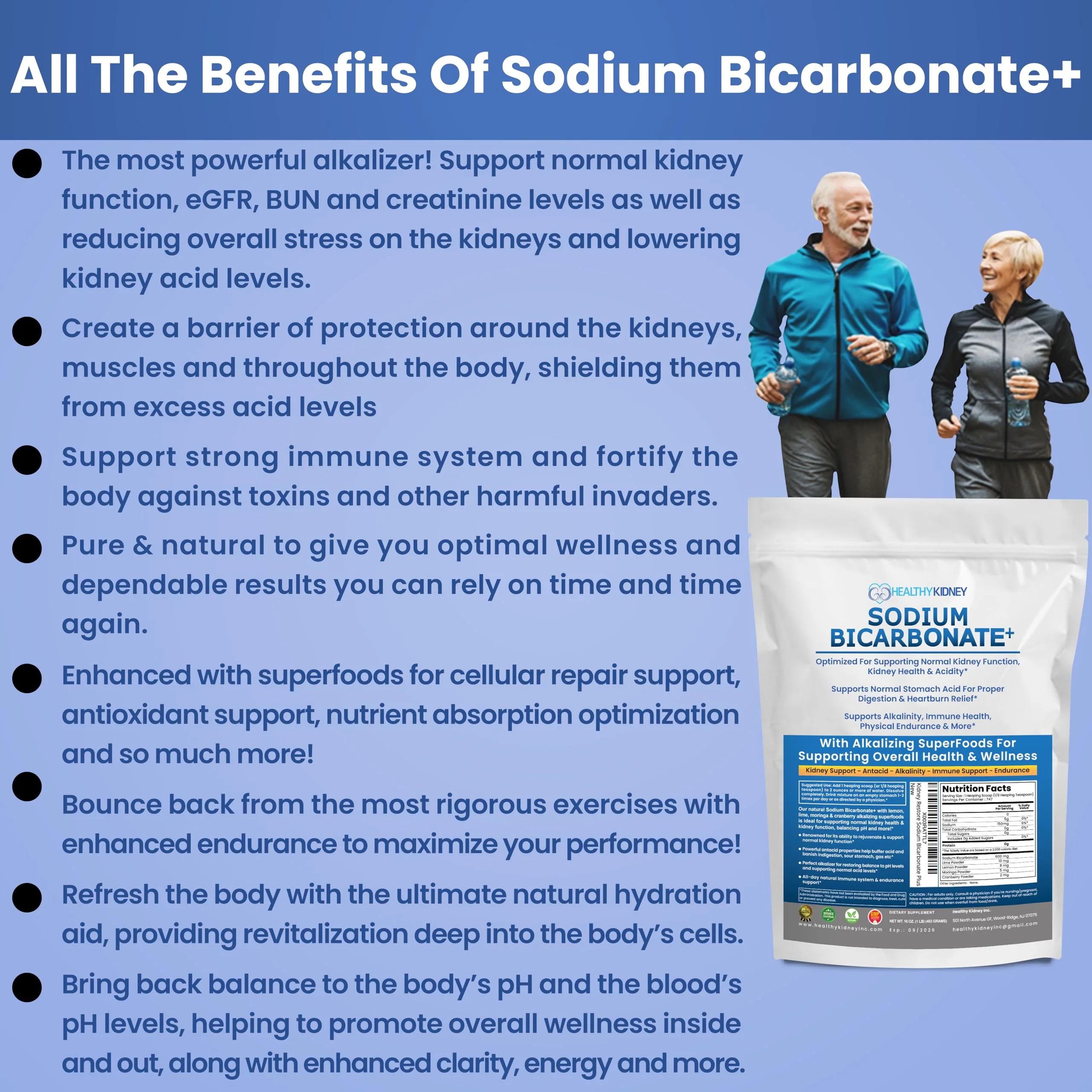 Organic Use Sodium Bicarbonate Alkaline Supplement for Alkalinity. Support Kidneys & Stomach Acid Neutralizer w/Alkaline Superfoods. Sodium Bicarbonate Powder Kidney Immune Support Antacid Sports 1LB - Image 2