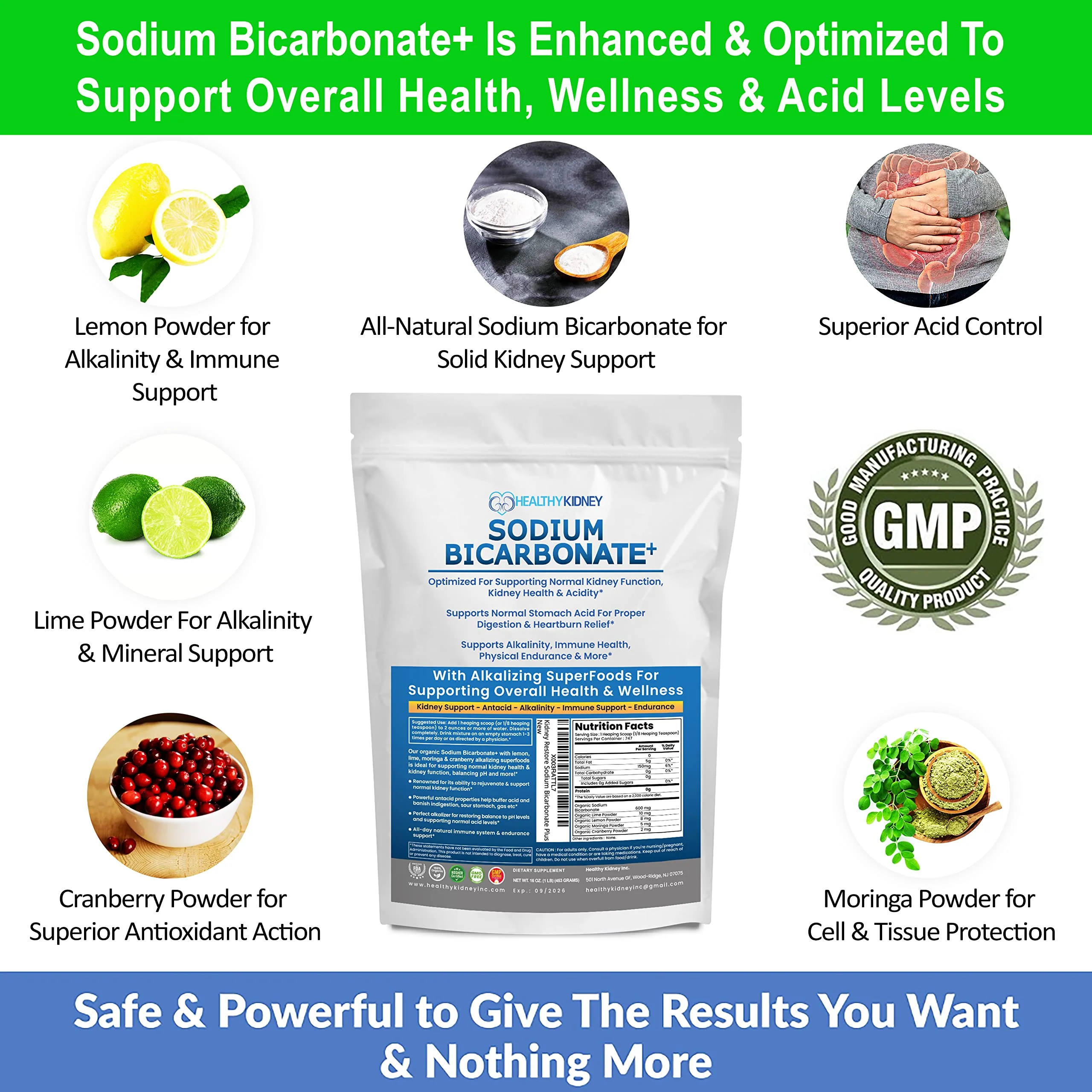 Organic Use Sodium Bicarbonate Alkaline Supplement for Alkalinity. Support Kidneys & Stomach Acid Neutralizer w/Alkaline Superfoods. Sodium Bicarbonate Powder Kidney Immune Support Antacid Sports 1LB - Image 3