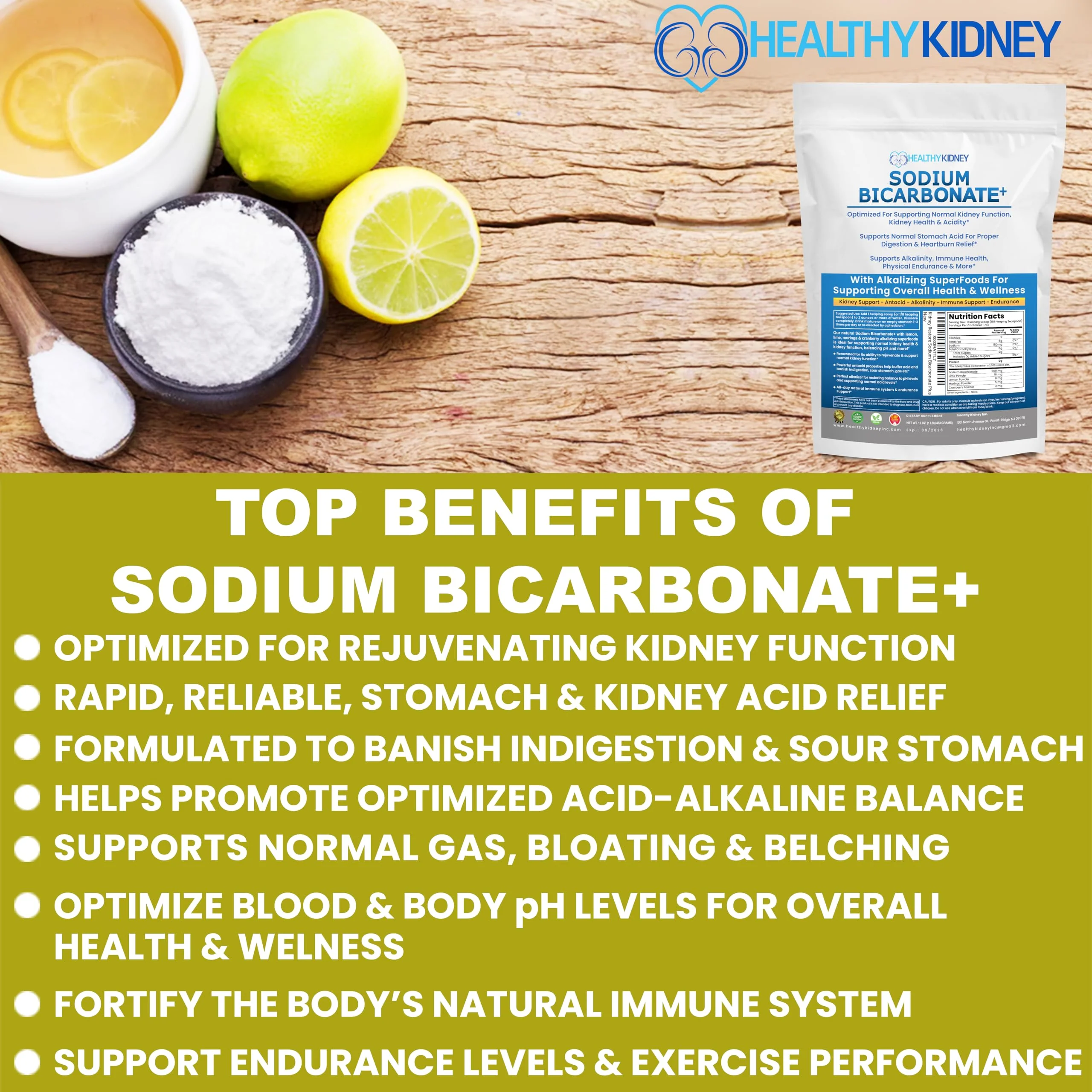 Organic Use Sodium Bicarbonate Alkaline Supplement for Alkalinity. Support Kidneys & Stomach Acid Neutralizer w/Alkaline Superfoods. Sodium Bicarbonate Powder Kidney Immune Support Antacid Sports 1LB - Image 4