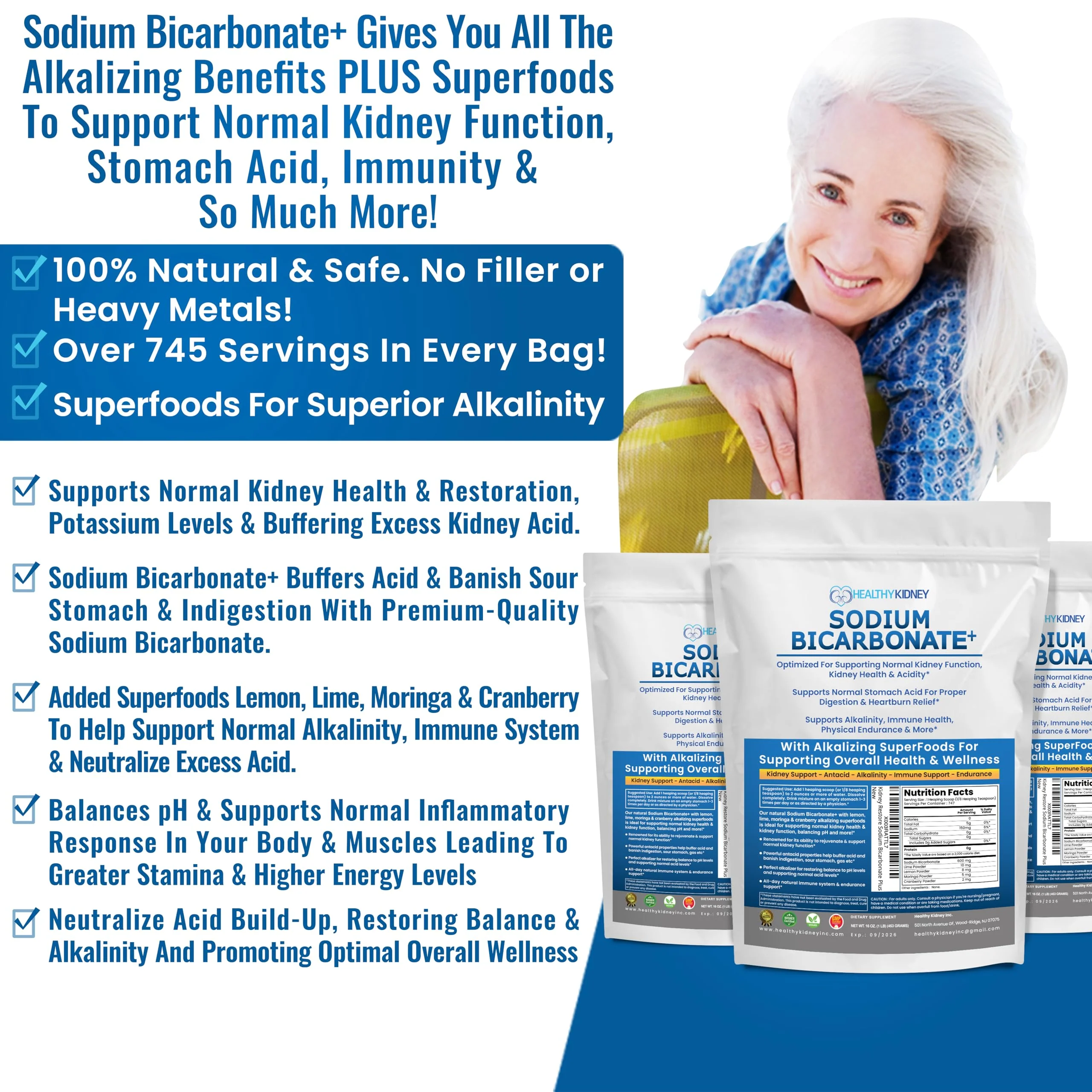 Organic Use Sodium Bicarbonate Alkaline Supplement for Alkalinity. Support Kidneys & Stomach Acid Neutralizer w/Alkaline Superfoods. Sodium Bicarbonate Powder Kidney Immune Support Antacid Sports 1LB - Image 7