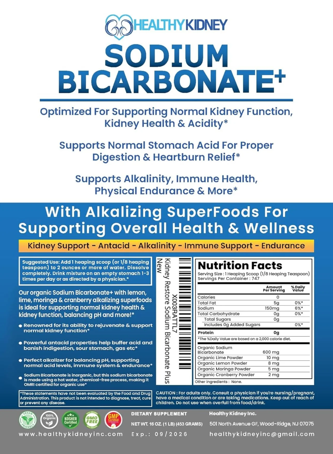 Organic Use Sodium Bicarbonate Alkaline Supplement for Alkalinity. Support Kidneys & Stomach Acid Neutralizer w/Alkaline Superfoods. Sodium Bicarbonate Powder Kidney Immune Support Antacid Sports 1LB - Image 8