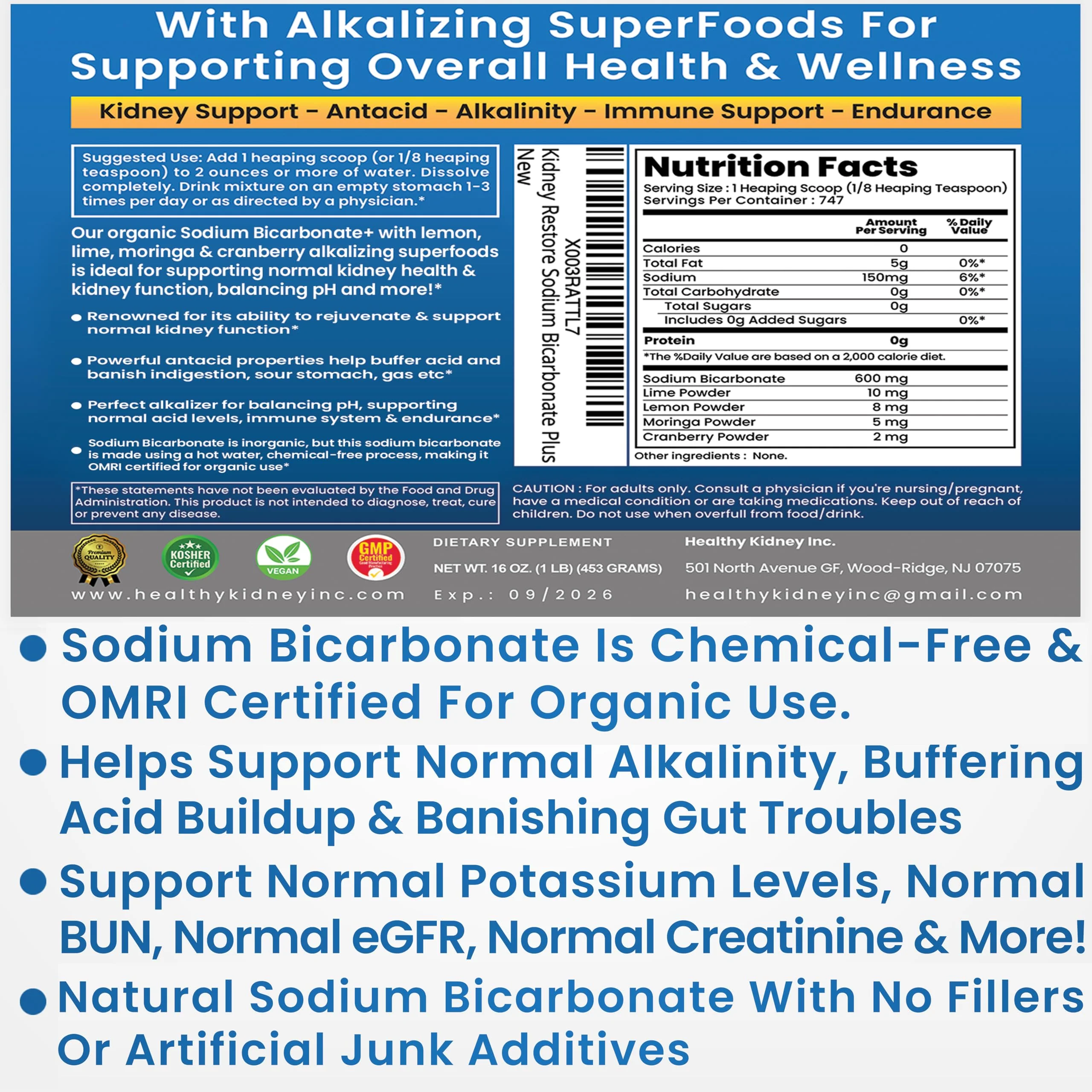 Organic Use Sodium Bicarbonate Alkaline Supplement for Alkalinity. Support Kidneys & Stomach Acid Neutralizer w/Alkaline Superfoods. Sodium Bicarbonate Powder Kidney Immune Support Antacid Sports 1LB - Image 9