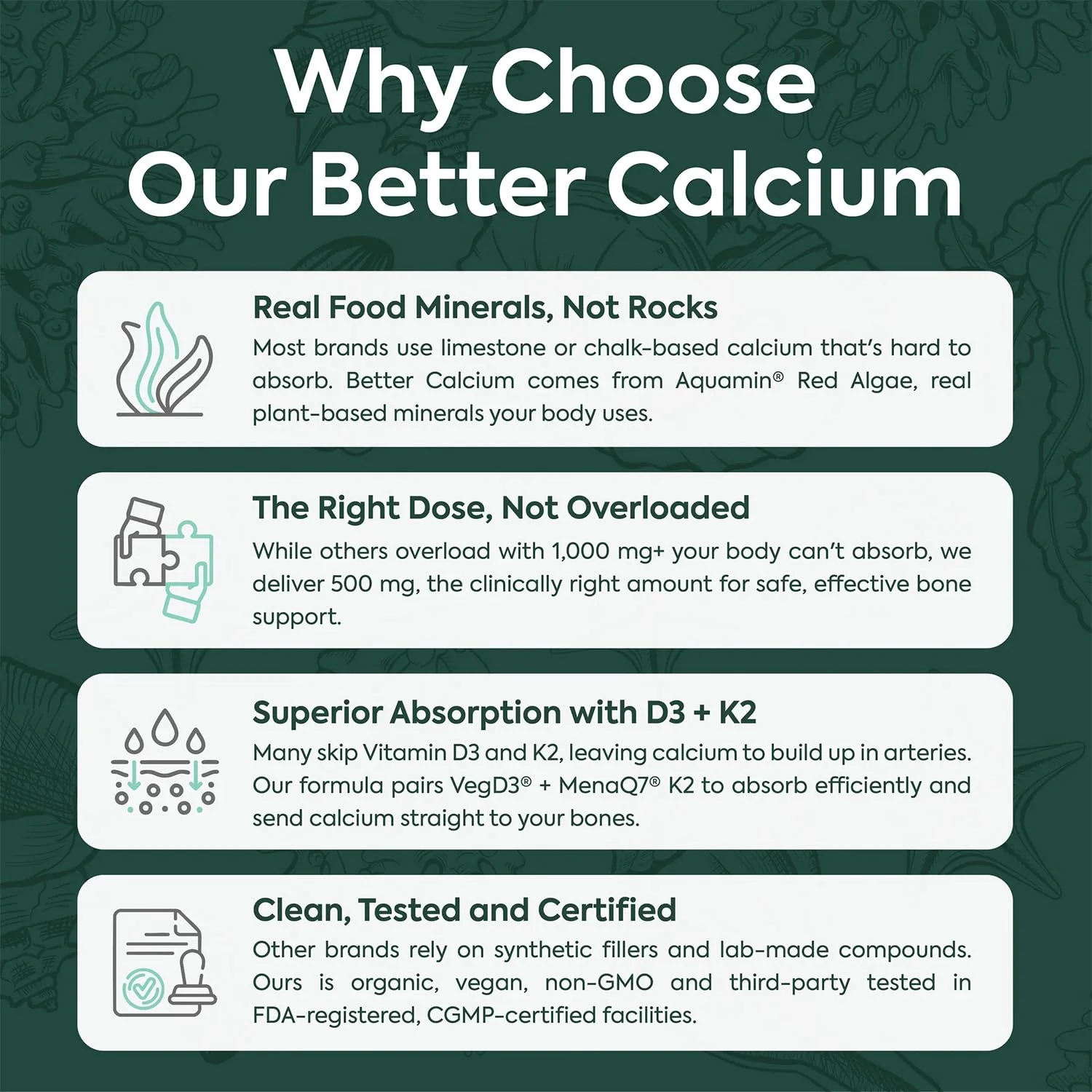 Organics Ocean Better Calcium - Organic Red Algae Calcium with Vitamin D3 and K2 Supplements - Supports Bone Structure, Joint Comfort & Encourages Healthy Aging - Plant-Based, Non-GMO - 1 Pack - Image 2