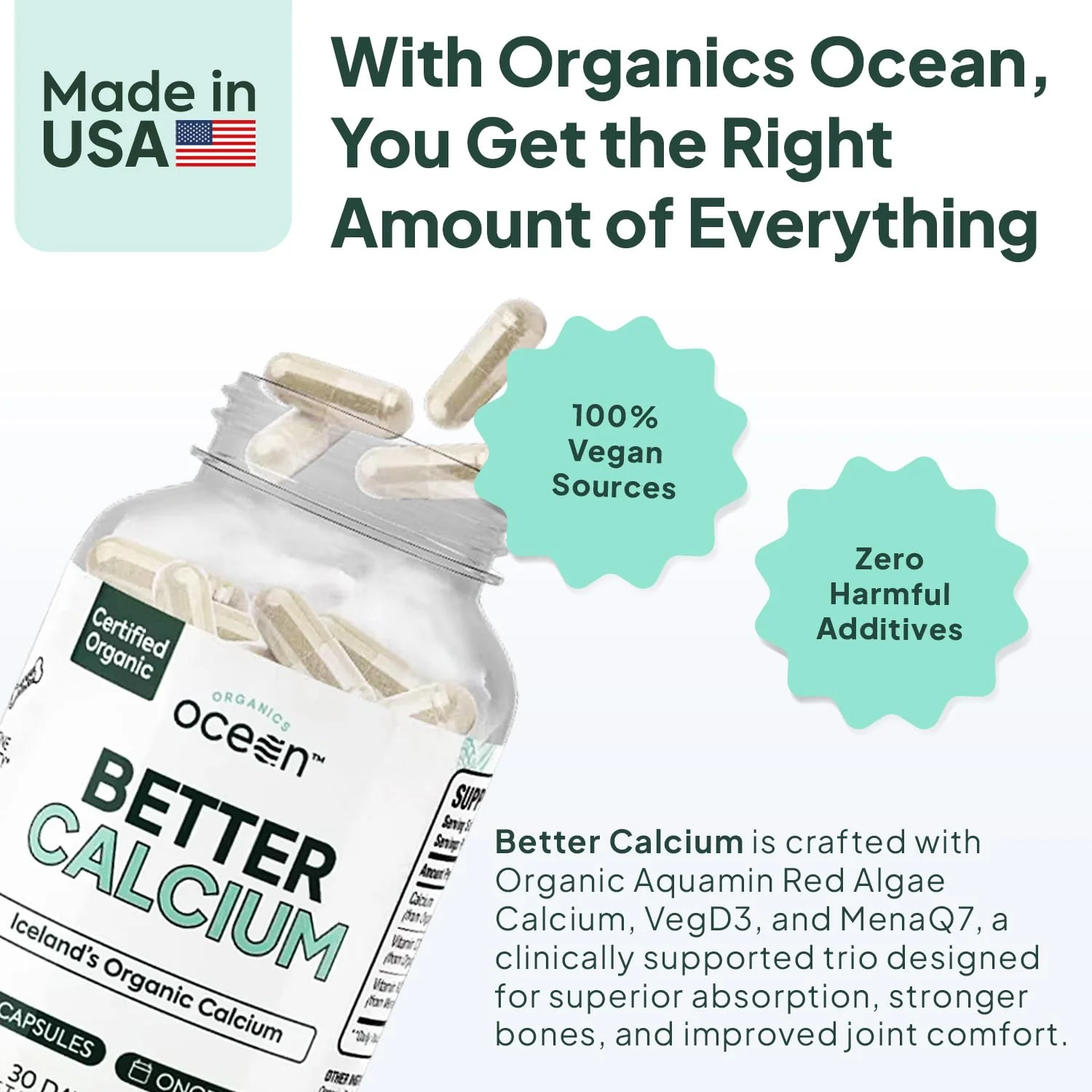 Organics Ocean Better Calcium - Organic Red Algae Calcium with Vitamin D3 and K2 Supplements - Supports Bone Structure, Joint Comfort & Encourages Healthy Aging - Plant-Based, Non-GMO - 1 Pack - Image 6