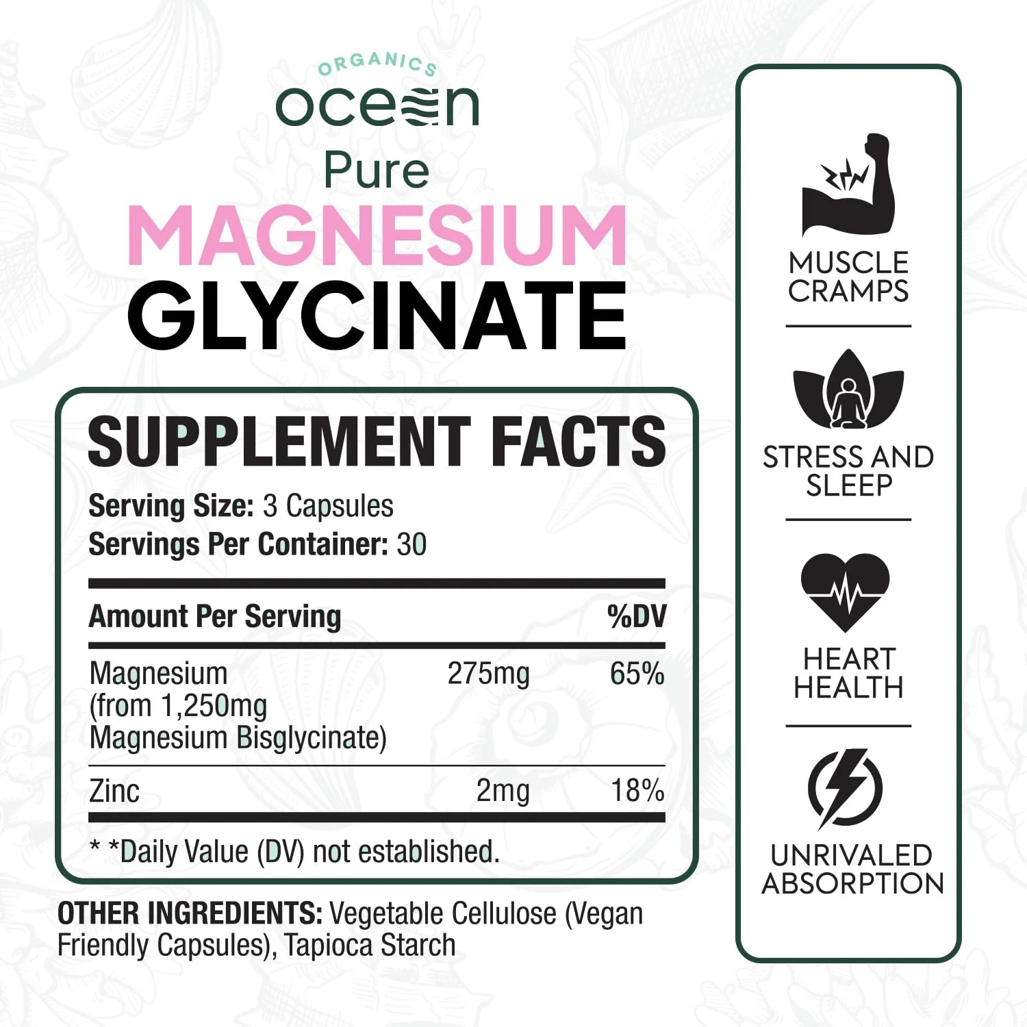 Organics Ocean Pure Magnesium Glycinate with Zinc - Maximum Strength Chelated Magnesium Supplement for Women and Men for Muscle Cramps and Sleep Support - 3 Bottles - Image 2