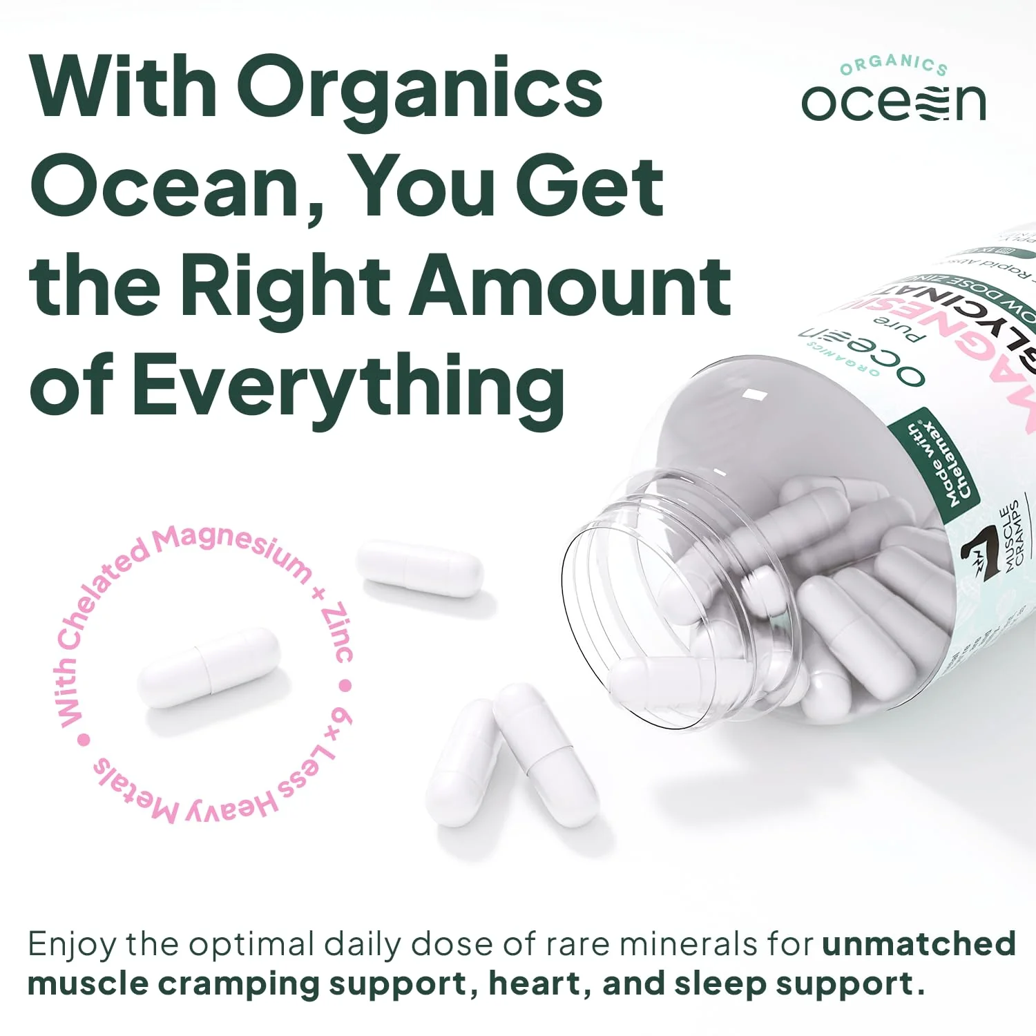 Organics Ocean Pure Magnesium Glycinate with Zinc - Maximum Strength Chelated Magnesium Supplement for Women and Men for Muscle Cramps and Sleep Support - 3 Bottles - Image 3