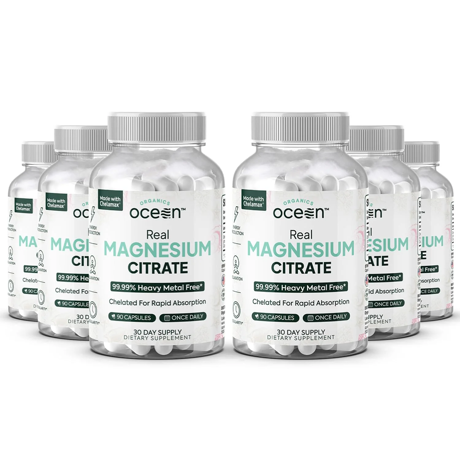 Organics Ocean Real Magnesium Citrate - High Absorption Magnesium Supplement - Chelated Magnesium to Support Energy, Relaxation, and Regularity - 6 Pack Bulk Supply