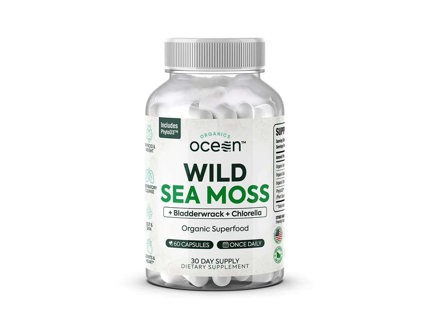 Organics Ocean Wild Sea Moss Capsules - 100% Organic Irish Sea Moss with Organic Chlorella, Bladderwrack and Vitamin D for Energy, Lung Health and Thyroid Support for Women and Men - 60 Capsules