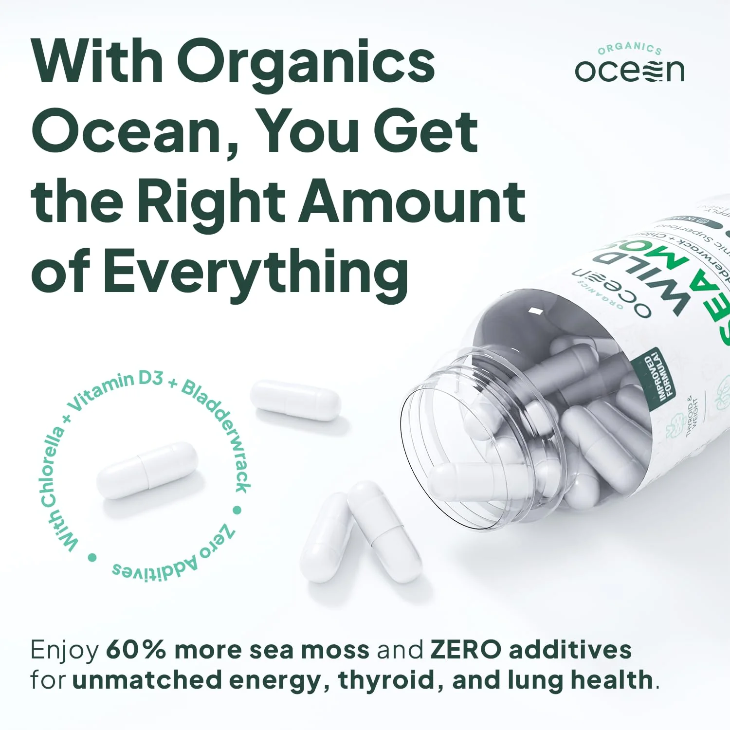 Organics Ocean Wild Sea Moss Capsules - 100% Organic Irish Sea Moss with Organic Chlorella, Bladderwrack and Vitamin D for Energy, Lung Health and Thyroid Support for Women and Men - 60 Capsules - Image 6