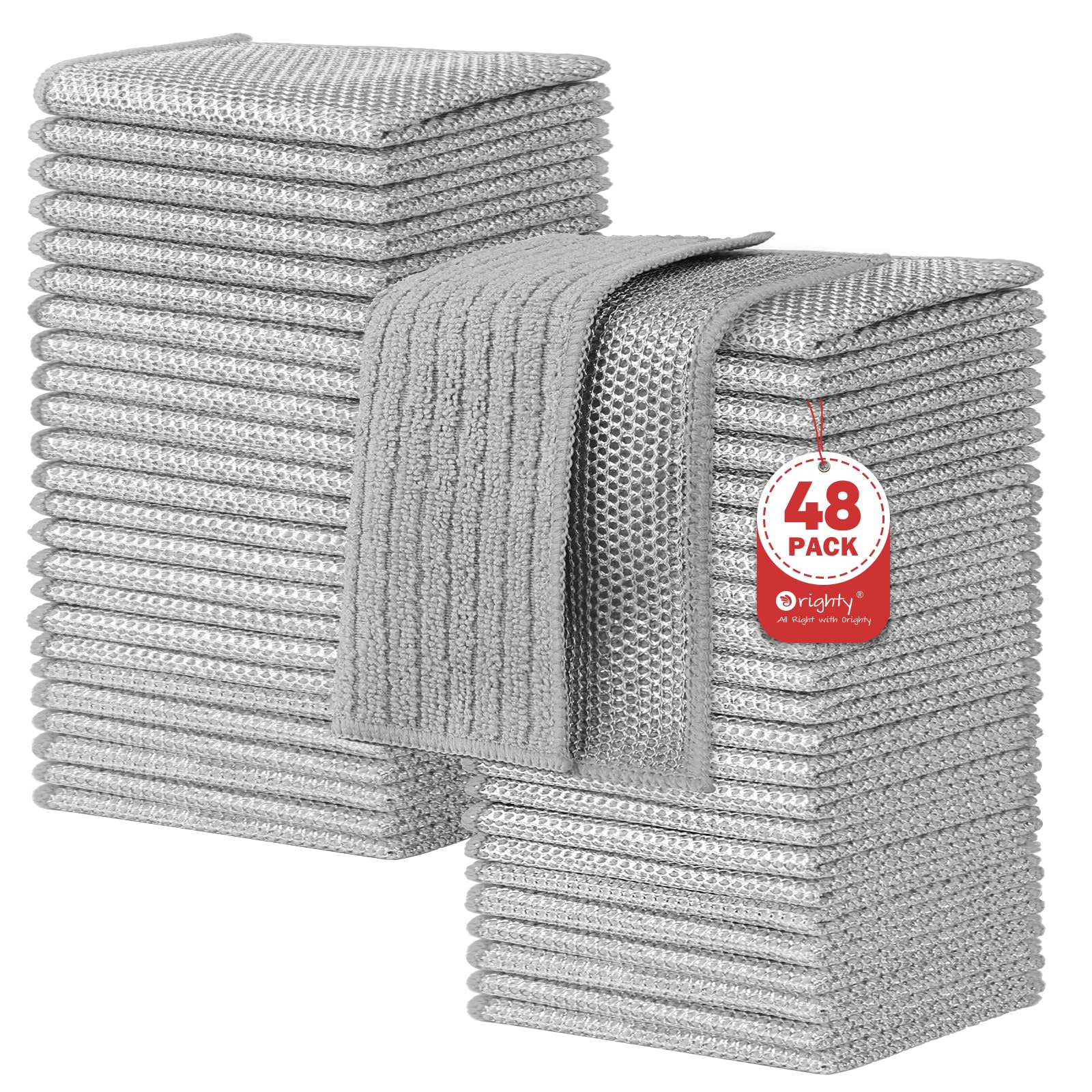 Orighty Multipurpose Wire Dishwashing Rag, 48 Pcs Upgraded Double-Layer Non-Scratch Wire Dish Cloths, Reusable Steel Scrubber Dishcloth Rags for Kitchen, Cookware, 7"x8", Grey