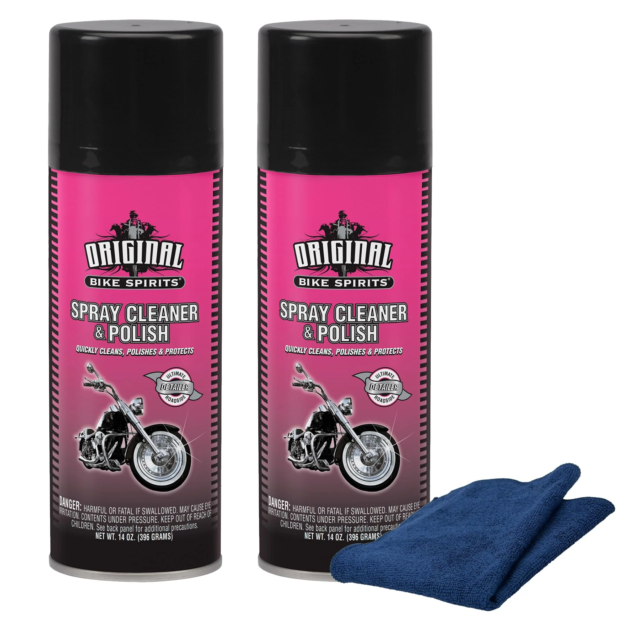 Original Bike Spirits Spray Cleaner & Polish 14 oz (2 Units) & a Blue Microfiber Rag - Waterless Motorcycle Cleaner and Polish for Paint, Chrome, and Plastic