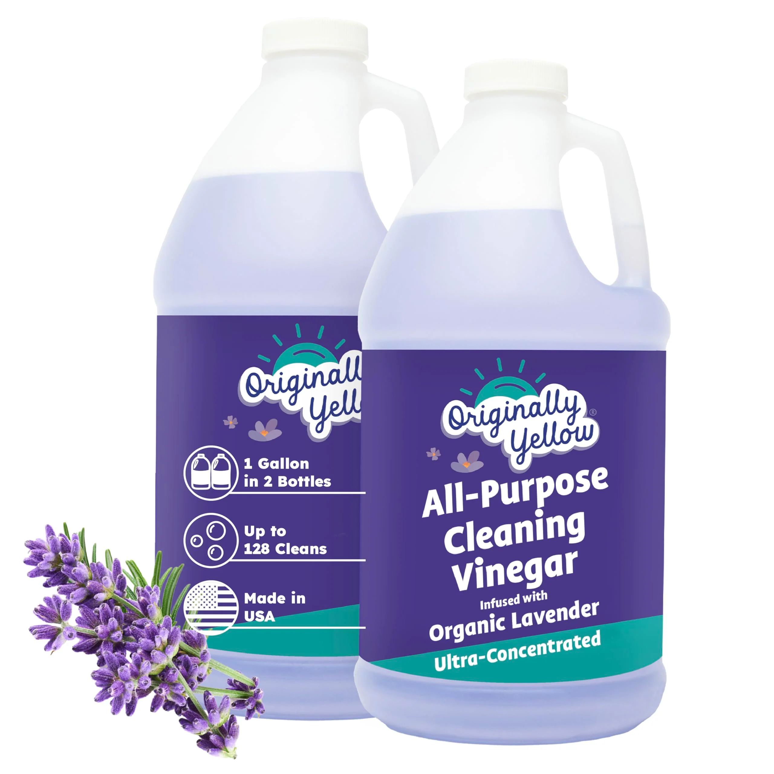 Originally Yellow Lavender White Vinegar For Cleaning Purpose | USA Made All Purpose Cleaner | Use as Glass, Kitchen & Floor Cleaner | Plant Derived Cleaning Vinegar 1 Gallon in 2 pack | 128 Oz