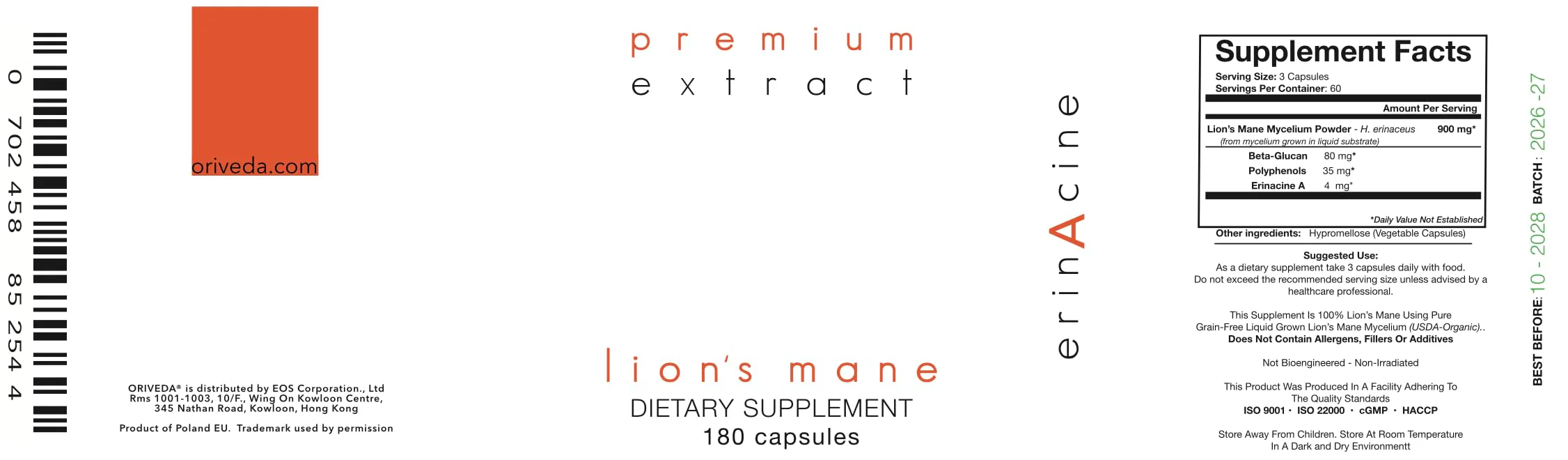 ORIVeDA Lion’s Mane Organic Mushroom Extract 2-Pack - Fruiting Body 180 v-caps, Pure Mycelium 180 v-caps • Supports The Brain and Nervous System - Image 4