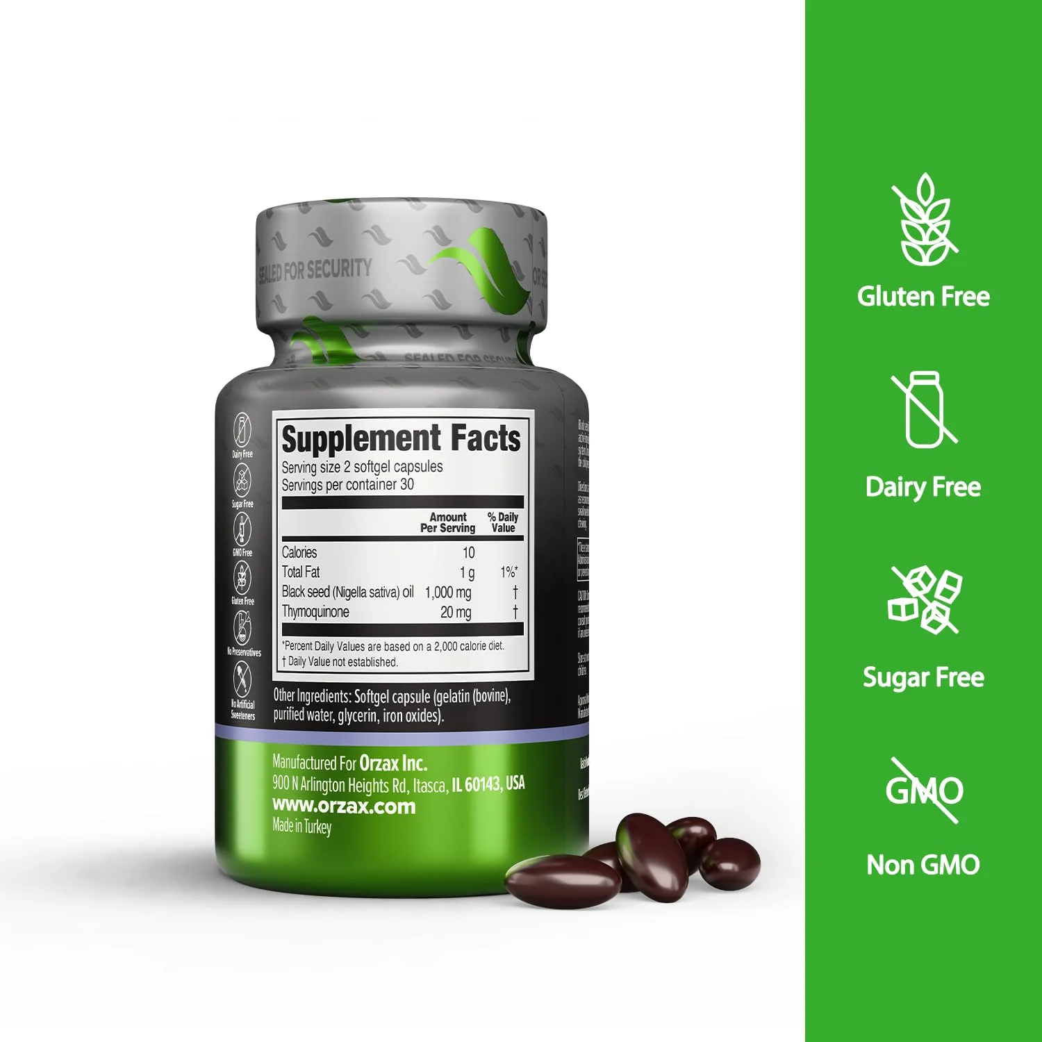ORZAX Black Seed Oil Cold Pressed 100% Pure | Non-GMO - Rich in Omega 3 6 9 & Thymoquinone | Black Cumin Nigella Sativa Oil for Immune Support, Hair, Skin, Face (500 mg - 60 Softgel Capsules) - Image 7