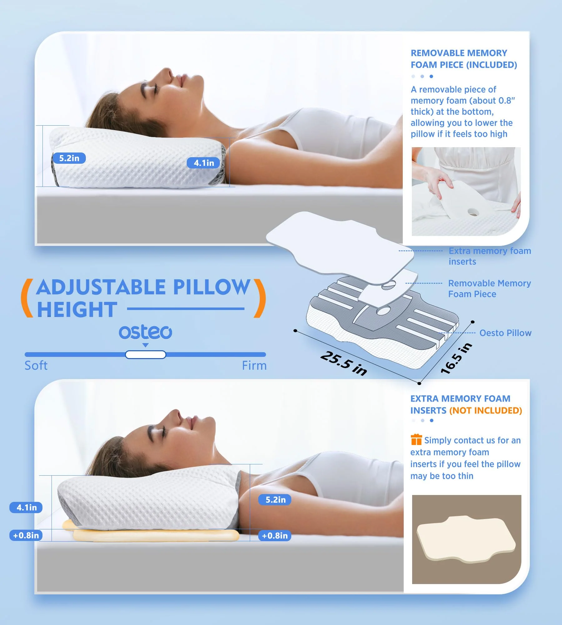 Osteo Cervical Pillow for Neck Pain Relief, Hollow Design Odorless Memory Foam Pillows with Cooling Case, Adjustable Orthopedic Bed Pillow for Sleeping, Support for Side Back Sleepers - Image 5