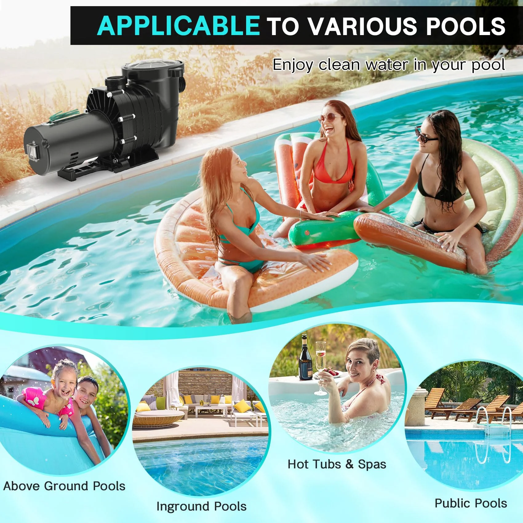 Oswerpon Pool Pump Above Ground/Inground, 1.5 HP 6600GPH Powerful Selfpriming Pool Pumps for 15,000-31,000 Gallons Pools, Dual Voltage Swimming Pool Pump with Strainer Basket & Drain Plug - Image 2